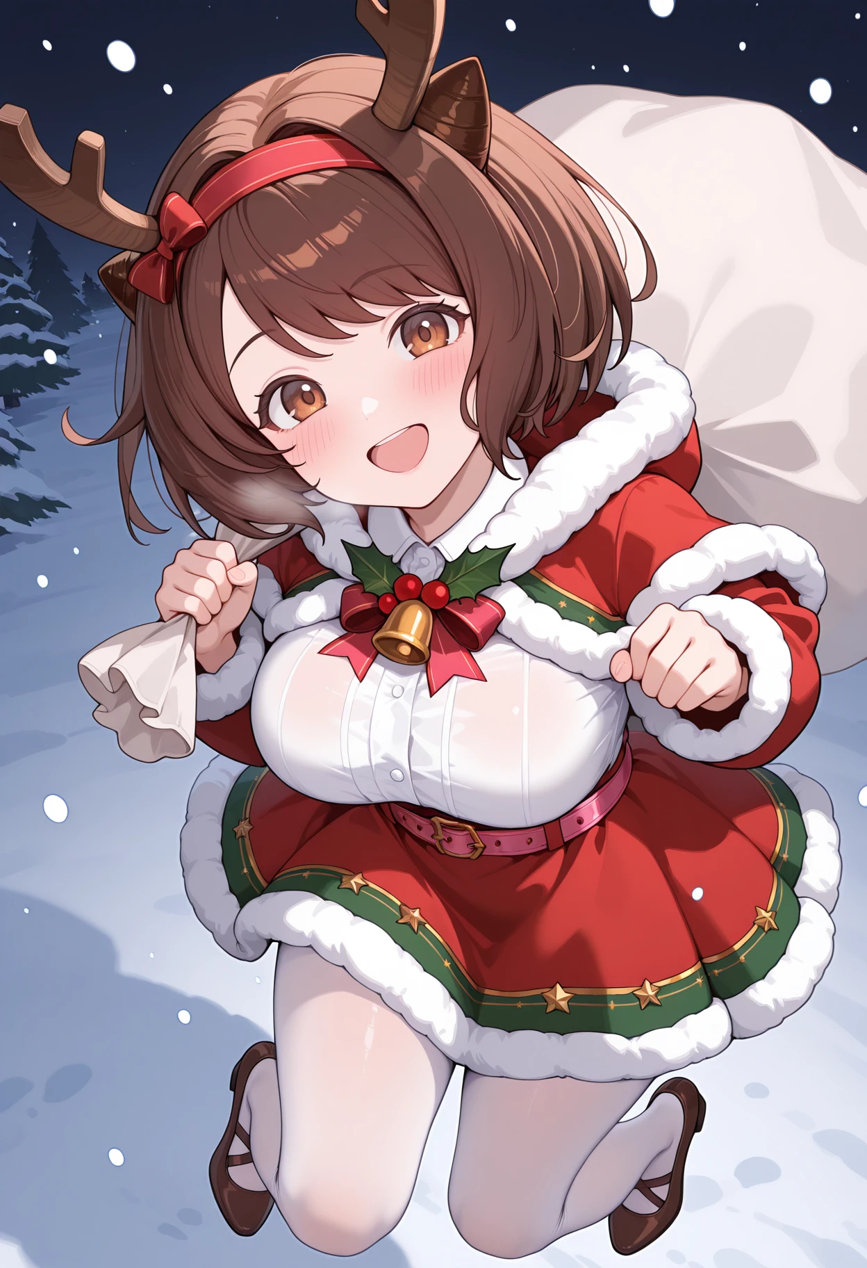 (best quality), (Super detailed), (Best Illustration), (nsfw), (1woman), (Ahegao:1.2), look at viewer, (santa costume:1.2), (Big Breasts:1.2), {brown hair, (bob cut:1.2), curly hair, hairs between eyes}, {(detailed eyes), heart-shaped pupils, blue eyes}, sweat, steam, girl trembling with sexual climax,
