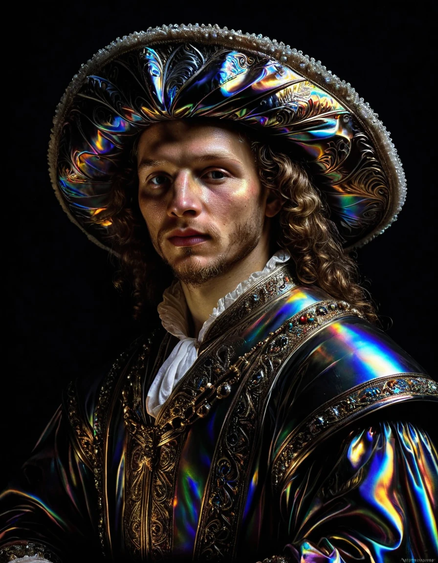 art by Rembrandt van Rijn, romanticism art, Hyperdetailed ral-hlgrphc, at Nighttime, Chiaroscuro, realism, emotive portraiture, dramatic lighting, photo, <lora:ral-hlgrphc-sdxl:0.9>, intricate detail, glossy, inspired, exquisite color, lush, perfect composition