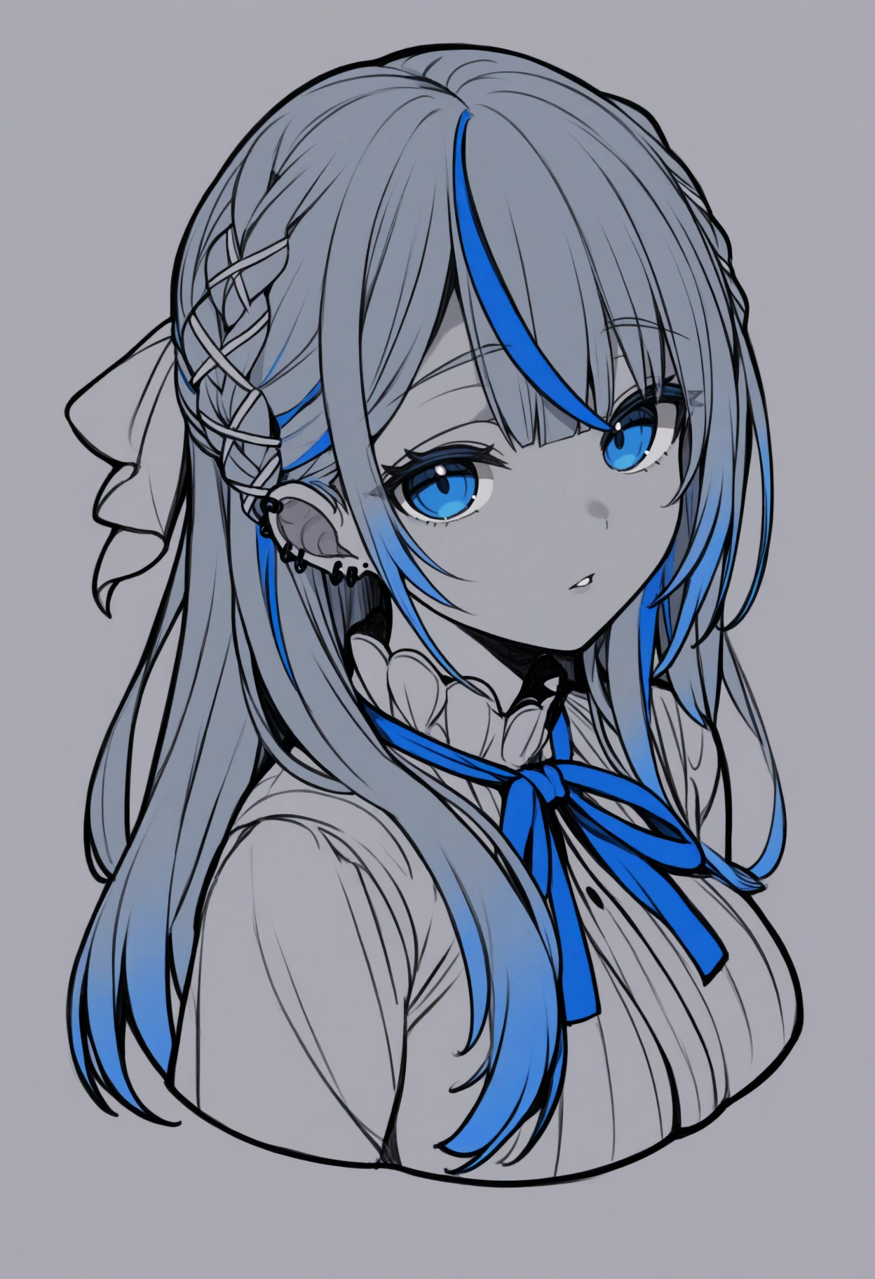 masterpiece, best quality, 1girl, solo, Am4gaiRuka, blue eyes, multicolored hair, grey hair, blue hair, long hair, braid, ribbon braid, ear piercing, greyscale, spot color, monochrome, lineart, sketch, graphite \(medium\), traditional media, cropped torso, three quarter view, parted lips, looking at viewer, <lora:ChamAmagaiRukaNoob:1>