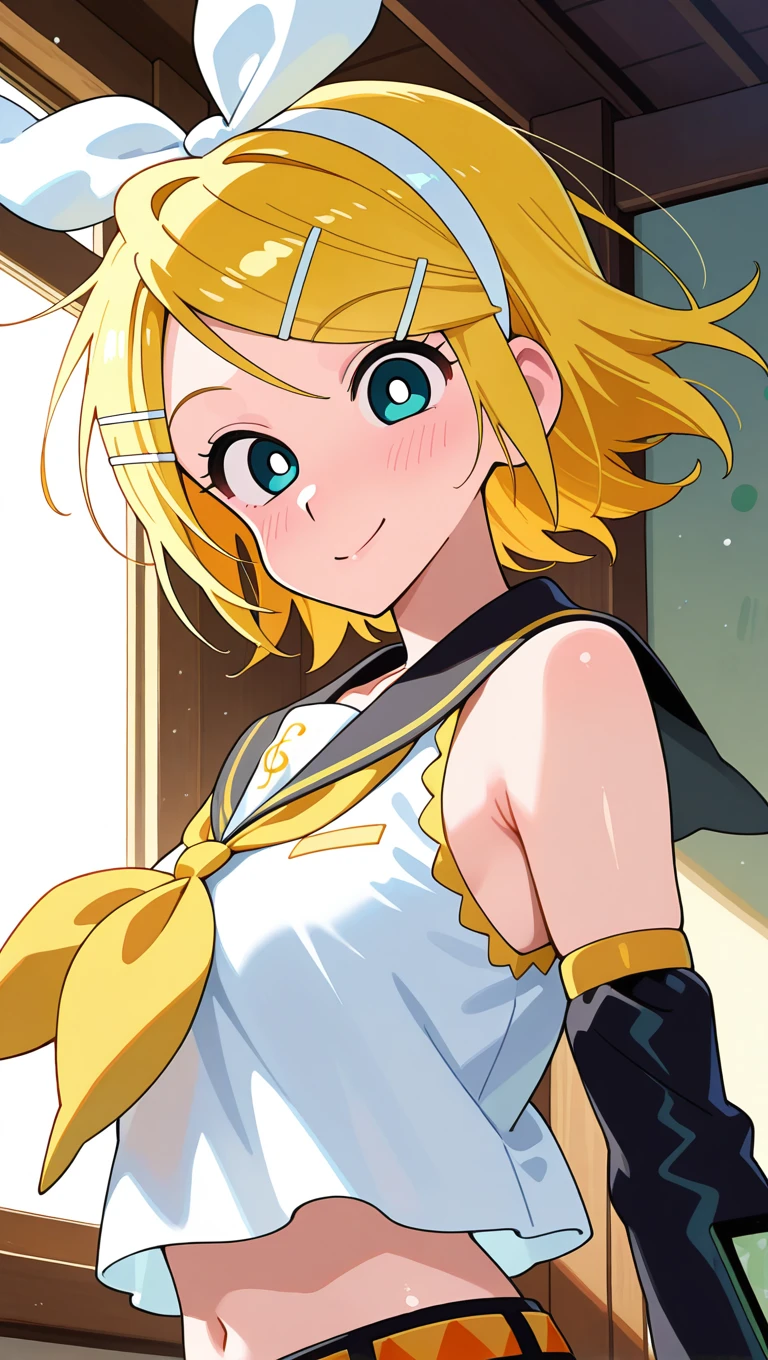 (masterpiece),best quality,amazing quality,very aesthetic,absurdres,newest,perfect body,shiny skin,perfect eyes,detail1eye,well-defined fingers,well-defined fingernails,anime style,indoors,1girl,solo,from side,upper body,(portrait:1.5),looking at viewer,facing viewer,smile,blush,Crayon Shin-chan female characters anime style,retro artstyle,bright pupils,kagamine rin,short hair,blonde hair,floating hair,white hairband,hair bow,white bow,hairclip,swept bangs,blue eyes,collarbone,bare shoulders,black sailor collar,white shirt,sleeveless shirt,crop top,midriff,yellow neckerchief,black sleeves,detached sleeves,medium breasts,navel,stomach,orange belt,fringe,short shorts,black shorts,leg warmers,white footwear,<lora:Kagamine Rin(voc)-Illus-Remake:1.6>,