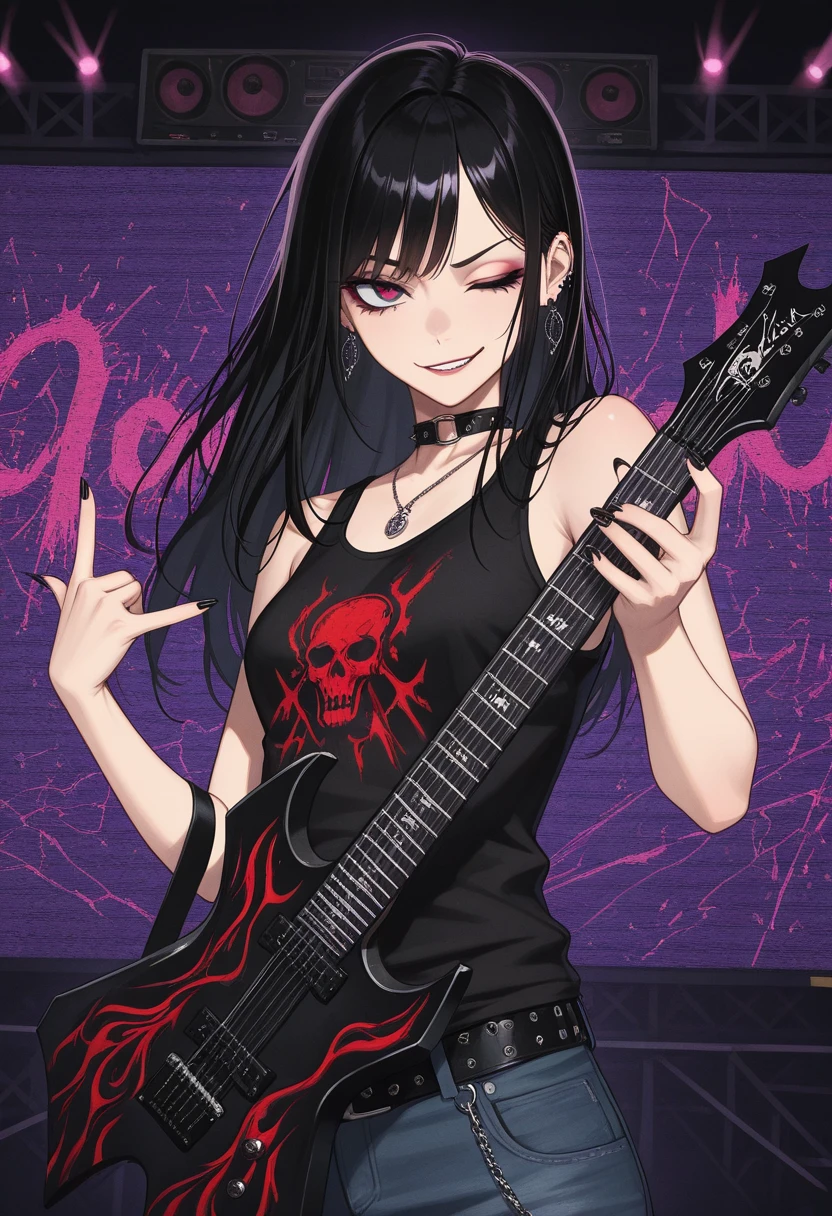 Create a visual representation of the character Marceline from "Hora de Aventura". She is a thousand-year-old vampire with a goth and rocker style. Apresenta cabelos longos, dark and messy, frequentemente amarrados em um rabo de cavalo alto. Her pale skin contrasts with dark, torn clothes, incluindo jaquetas de couro e camisetas de bandas. Asas de morcego podem se estender ou retrair. Ela sempre tem um olhar desafiador e um sorriso travesso. Don't forget the electric bass, sua marca registrada.