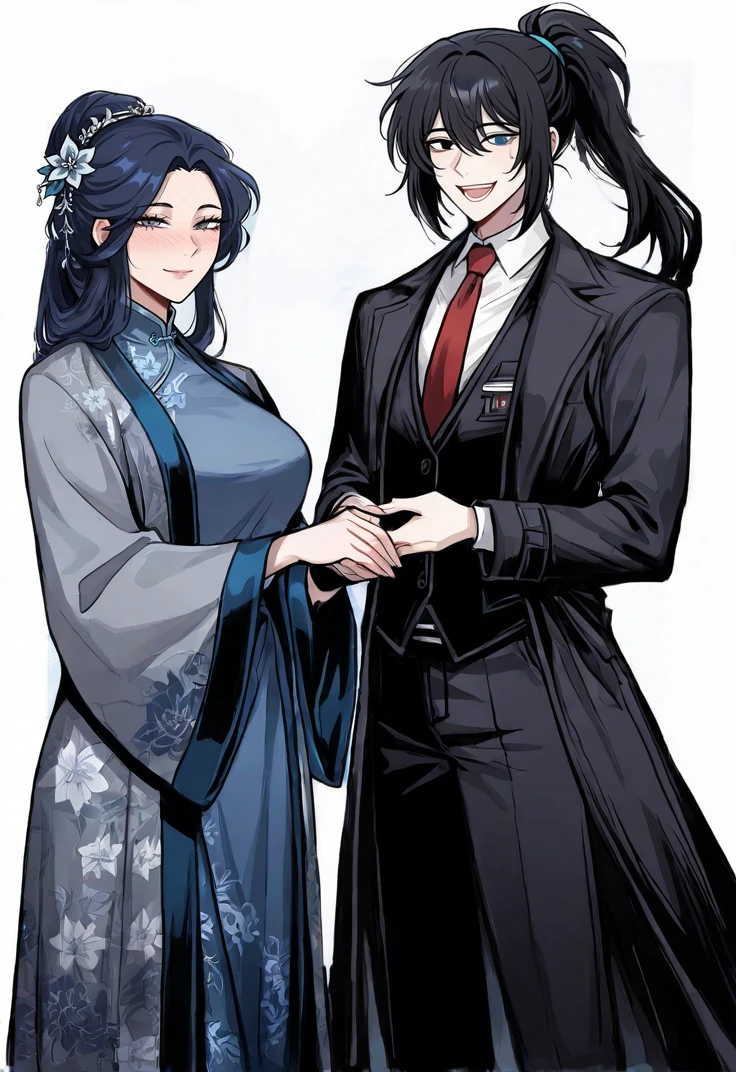 masterpiece, perfect face, beautiful face, perfect hands, beautiful hands, <lora:Dynamic-Duo-Pose-IL.V1.0:1>, Dynamic-Duo-Pose-IL.V1.0, Duo, Duo focus, dynamic duo, dynamic pose, pose, standing, simple white background, upper body
<lora:Lady_Wang_Limbus_Illustrious:0.6>, 1girl, LadyWangLimbus, milf, dark grey eyes, long hair, dark blue hair, hair flower, chinese clothes, blue hanfu, blue floor-length skirt, grey coat, open coat, wide sleeves, flower print, looking at viewer, light smile, blush
<lora:Hong_Lu_Limbus_Illustrious:0.6>, 1boy, HongLuLimbus, long hair, black hair, ponytail, black eyes, blue eyes, heterochromia, HongLuSinner, white shirt, red necktie, black vest, (((black coat))), open coat, looking at viewer, open mouth, happy