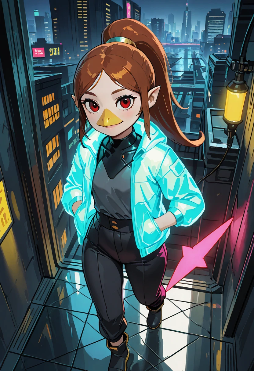 masterpiece, best quality, 1girl, solo, eyelashes, (beautiful eyes), smile, looking at viewer,   ,<lora:MedliZelda_IXL_v2:0.8>,  [Cyber Glam Rooftop Party] zzMedli, brown hair, beak, pointy ears, long hair, red eyes, ponytail, cyberpunk, 1girl, solo, neon makeup, holographic jacket, high-waisted pants, ankle boots, glowing accessories, urban rooftop, LED lights, futuristic cityscape, reflective surfaces. zzMedli stands confidently at the edge of a rooftop, her glowing jacket catching the light of neon signs below. The city sprawls beneath her, a maze of skyscrapers bathed in hues of electric blue and pink. Her red eyes shine through the reflection of the cityâs lights, while her ponytail sways in the cool night breeze, completing the futuristic cyber glam look.