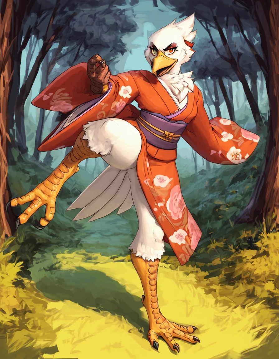 score_9, score_8_up, score_7_up, redustheriotact, anthro, avian, kimono, female, on one leg, standing, fighting position, forest