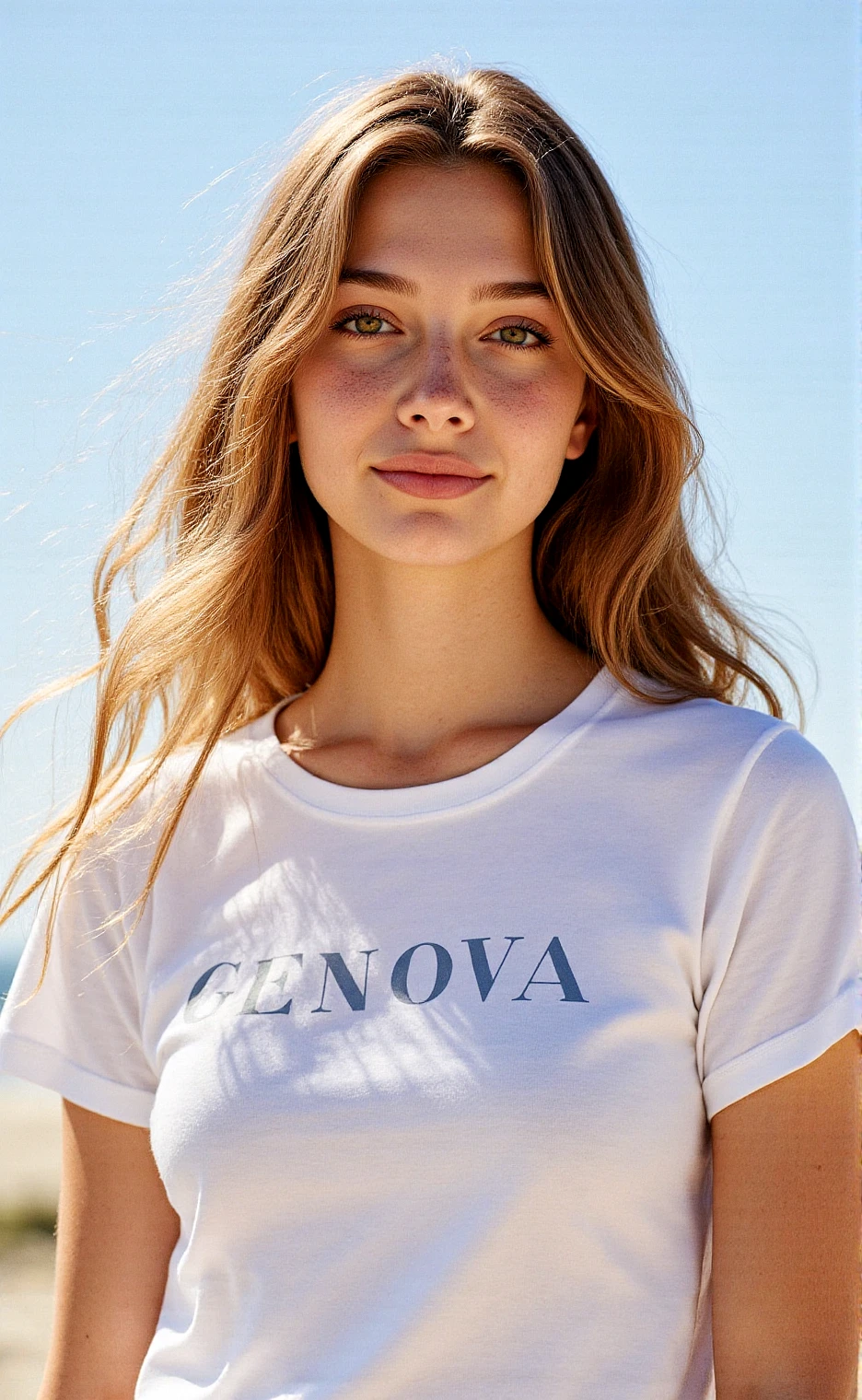 A hyper-realistic portrait of a beautiful 18-year-old girl standing outdoors on a bright, sunny day. She has soft, youthful facial features with realistic proportions, symmetrical structure, and clear, glowing skin with a natural peach tone. Her long, slightly wavy hair catches the sunlight, with warm golden-brown highlights and a gentle breeze subtly lifting a few strands. Her expression is relaxed and genuine, with a slight, natural smile and soft light in her eyes.
She’s wearing a clean, crisp white T-shirt made of lightweight cotton fabric. The shirt fits comfortably and naturally on her frame, with subtle fabric folds and sunlit transparency in places. Across the chest is the word GENOVA in a bold, modern sans-serif font—printed in navy blue or subtle charcoal gray, centered clearly and cleanly on the shirt. The letters are sharp and matte, standing out against the bright fabric.
The background is softly blurred to keep focus on her, but suggests a sunny open environment—perhaps a park, open field, or coastal walkway. The lighting is clear and natural, with sunlight from a high angle casting soft, warm highlights on her hair, shoulders, and T-shirt. Light shadows fall beneath her chin and on her neck, adding depth and dimension. Her skin shows realistic textures: fine pores, natural glow, and soft shadow gradation.
Color palette: bright white (shirt), warm beige and peach (skin), chestnut or golden brown (hair), deep navy or gray (GENOVA text), and soft sky blue background tones. The atmosphere is fresh, calm, and confident—evoking youthful freedom, summer clarity, and minimalist fashion photography.
Stylistic influences: lifestyle fashion shoots by Peter Lindbergh and Mario Testino, natural daylight portraiture, with subtle cinematic depth of field.