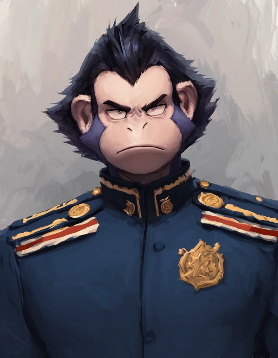 score_9, score_8_up, score_7_up, redustheriotact, anthro, monkey, male, uniform, serious face