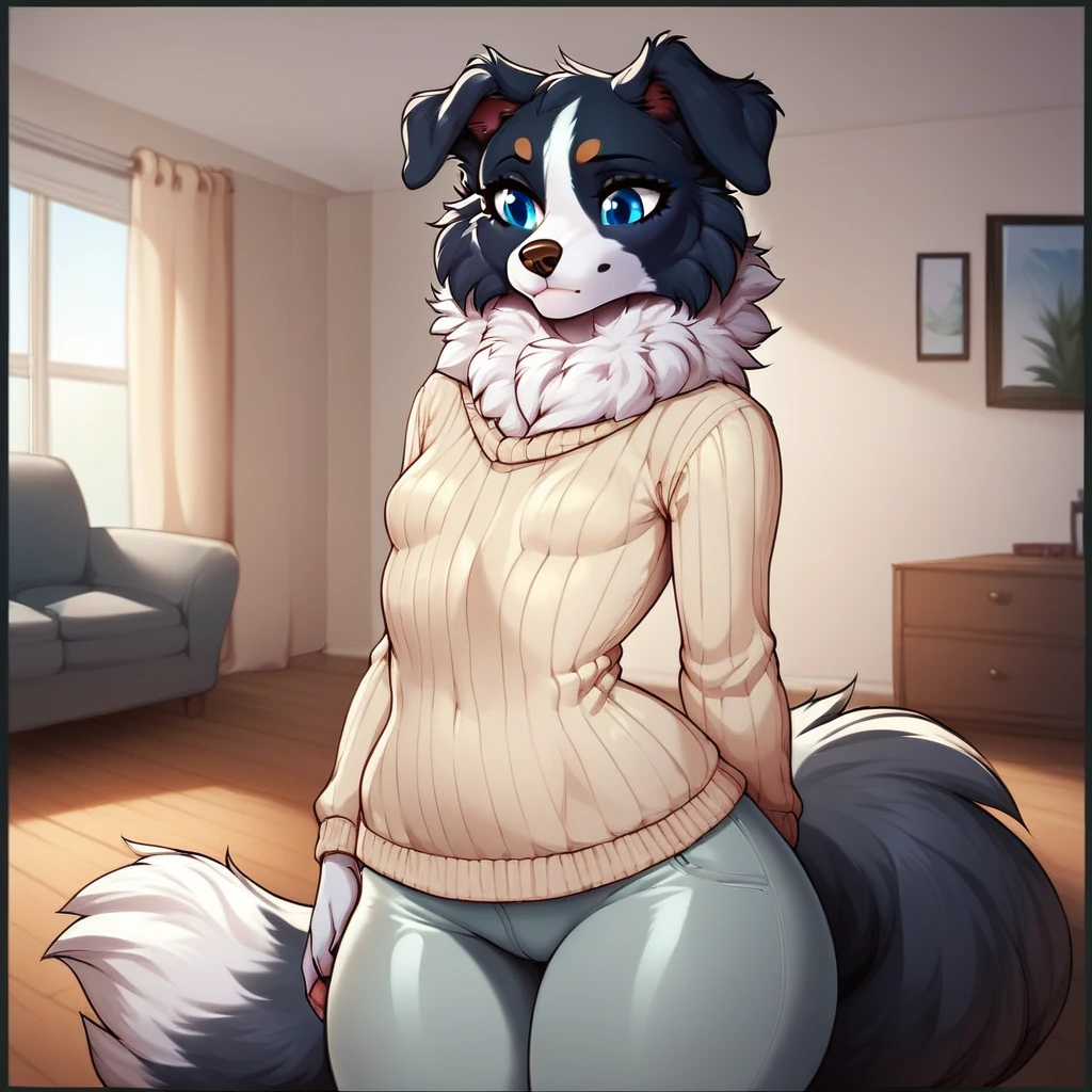 By bebebebebe, by lostgoose, by goonie-san, solo, snout, ears, feline, siamese cat, pale blue eyes, brown hair, short hair, hair bangs, (muscular), smiling, happy, ((curvy)), brown upper face, offwhite fur, female, plump breasts, (adult, mature), turtleneck sweater, cleavage, boob window