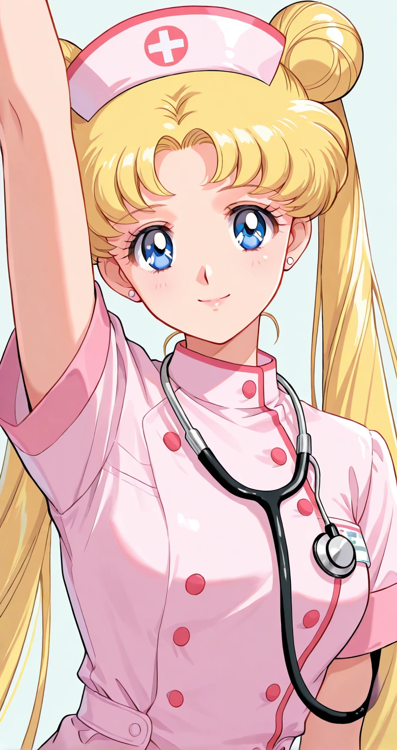 Usagi_XL, 1girl, solo, long hair, looking at viewer, smile, jewelry, very long hair, twintails, upper body, short sleeves, earrings, hair bun, parted bangs, double bun, nurse cap, stud earrings, nurse, stethoscope, arm up, <lora:Usagi_XL-04:0.7>