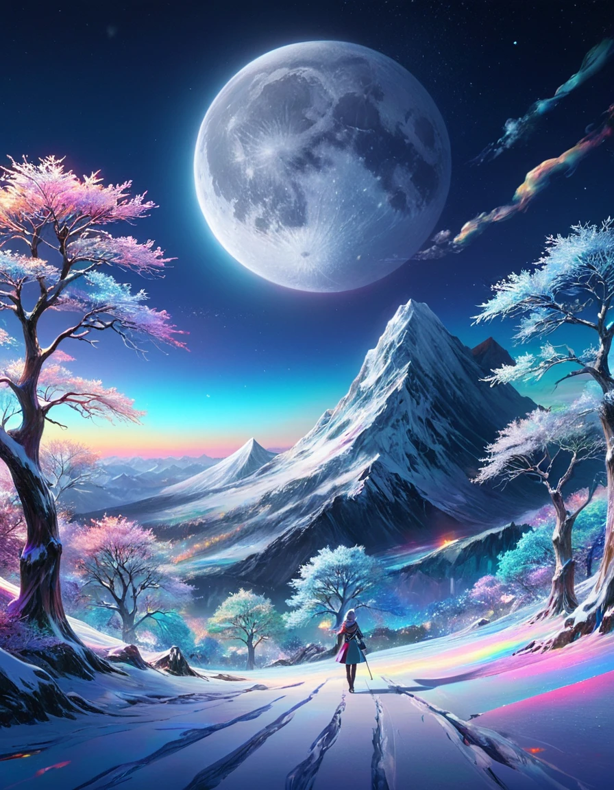 ral-hlgrphc, Winter, Very wide view, Anime screencap, Surprising, Prehistoricore, Moonlit, Dichromatic, anime sketch, <lora:ral-hlgrphc-sdxl:0.9>, beautiful detailed, surreal, vibrant, fabulous colors, dynamic dramatic composition, sharp focus, ambient illumination, dynamic composition, illustrious