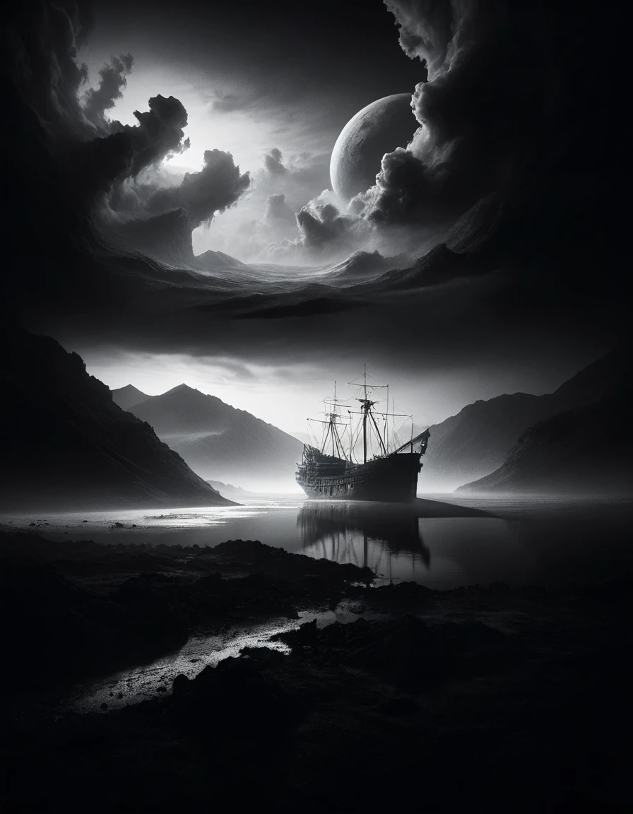 "The ral-drkatmsphr of Bounty", Scenic, [by Hideyuki Kikuchi, (Graham Ingels:0.8) ::18], Indirect light, 50mm, Single Color, monochromatic, <lora:ral-drkatmsphr-sdxl:1>, atmosphere, illustrious, dynamic background, complex artistic color composition, highly color focused, vibrant, highly complex, highly decorated