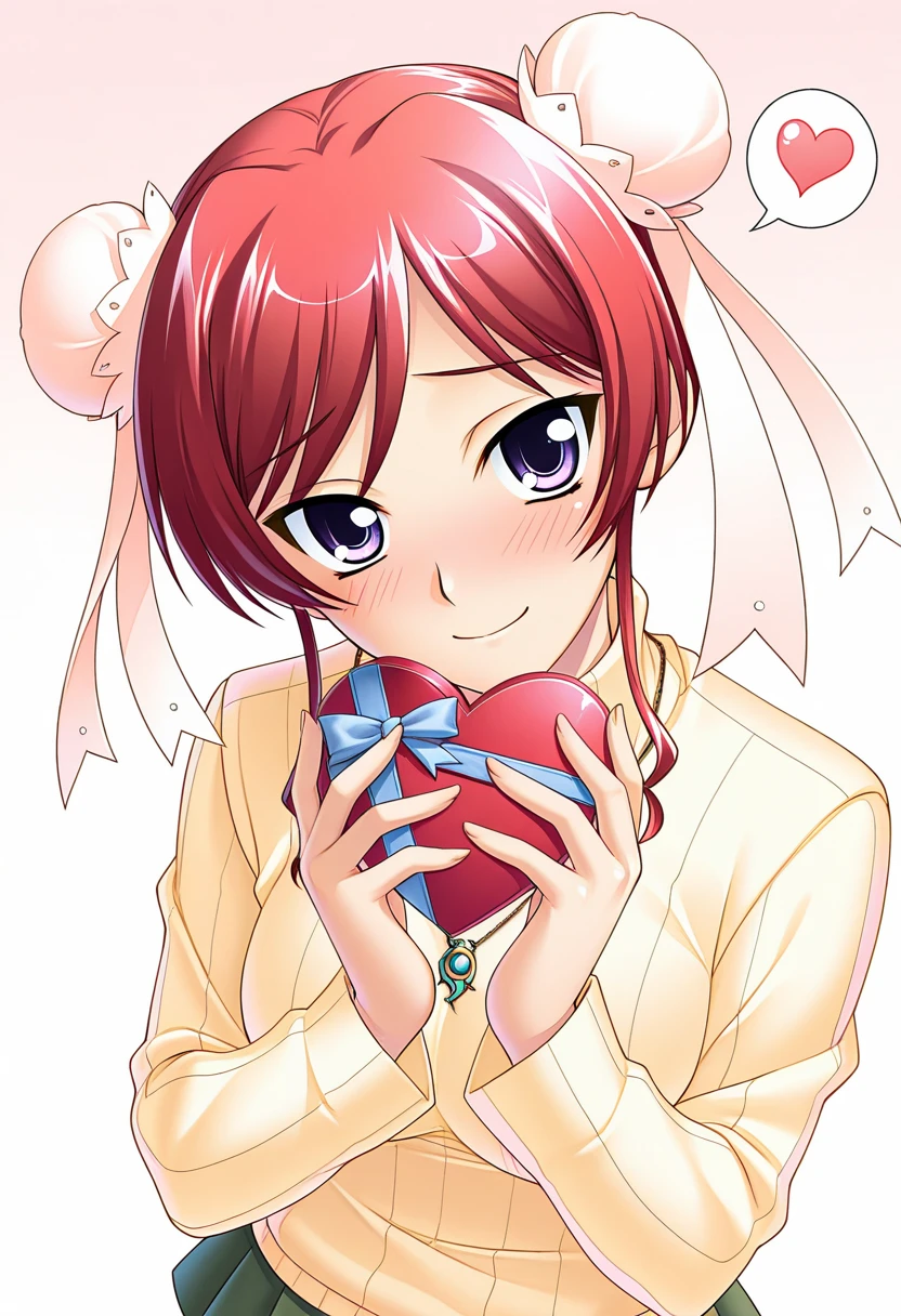 masterpiece, best quality, amazing quality, very aesthetic, absurdres, official art, ultra detailed,
1girl, solo, yan_t0nfa, red hair, purple eyes, pink bun cover, double bun, hair bun BREAK yellow sweater, turtleneck, necklace, long sleeves, green skirt, lovestruck, shy smile, blush, head tilt, looking at viewer, spoken heart, standing, holding heart gift, gradient background, white background, front view, upper body, highly detailed, best hands <lora:yan tonfa v1.0-000015:1>