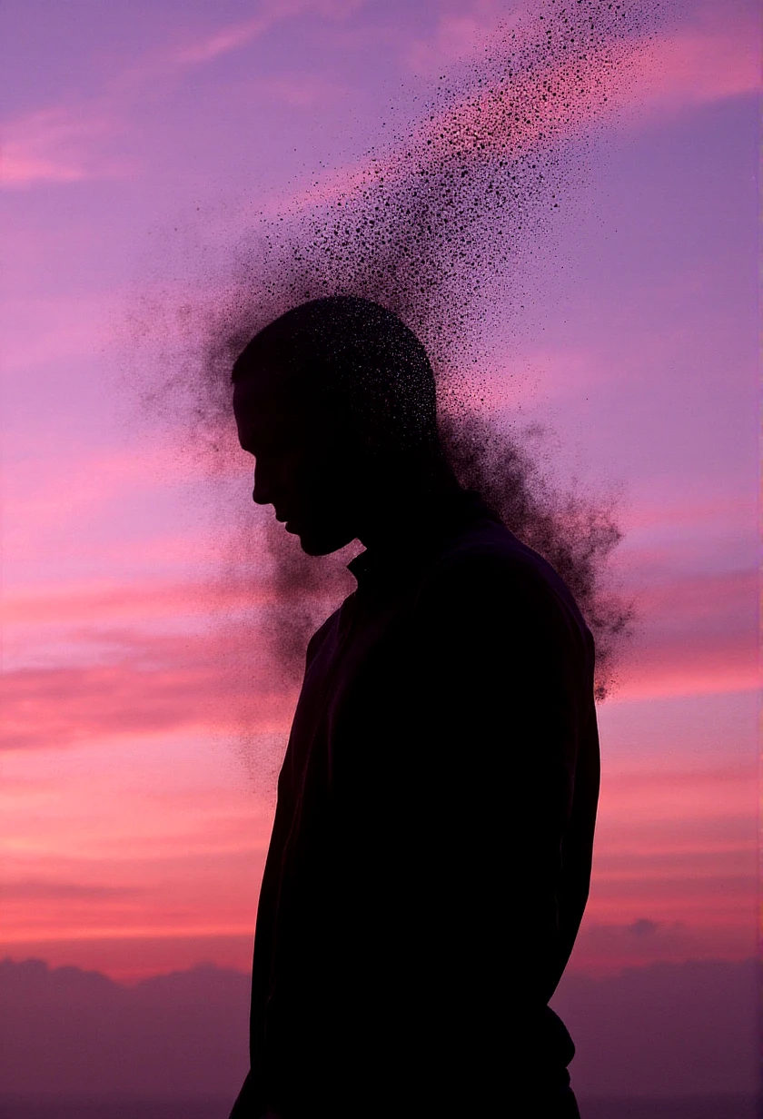 A surreal, emotional digital artwork depicting the silhouette of a human figure gradually disintegrating into dust-like particles. The figure stands with back slightly turned toward the viewer, its form completely blacked out in shadow, facing a radiant sunset sky. The right side of the figure’s head and shoulder appears to be eroding — fragmenting into a trail of thousands of tiny particles that dissipate into the air, like ashes caught in the wind. The dissolution is organic, textured, and softly chaotic, with varying sizes of particulate debris fading into the distance.
The sky behind the figure is breathtaking — a richly colored twilight scene with a vibrant gradient of soft purples, deep magentas, and peachy pinks blending together seamlessly. Wisps of high clouds stretch across the horizon, lit by the last light of the day, enhancing the ethereal quality of the moment. The lighting is soft and indirect, backlighting the silhouette so that the figure is completely dark with no facial features visible, enhancing its anonymity and symbolic nature.
Mood/Atmosphere:
Melancholic, poetic, and dreamlike — the image evokes a sense of impermanence, loss, and transformation. It captures the fragility of identity and memory, like a soul unraveling into the ether. The style is photorealistic with surreal elements, inspired by conceptual art photography and minimalist sci-fi aesthetics.
Technical Details:
Ultra-high resolution, realistic particle physics simulation for the disintegration effect, smooth gradient lighting, no lens distortion. Shallow depth of field keeps the background sky gently soft while maintaining crispness on the dissolving edge of the figure