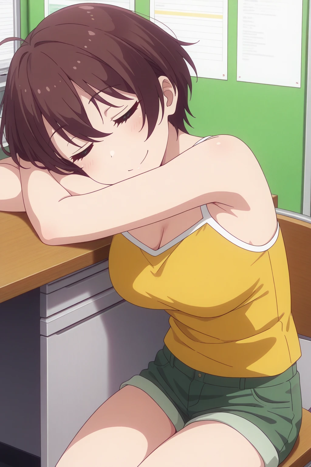 very awa, detailed eyes, shining eyes, masterpiece, best quality, ultra-detailed, (8k), (hdr), (ultra-detailed), absurdres, looking at viewer, solo, 1girl, girl, indoors, office, smile, aahajime, green eyes, brown hair, ahoge, hajimec3, yellow tank top, denim shorts, short shorts, ((sitting, on chair, at desk, head on desk, sleeping, cowboy shot))
