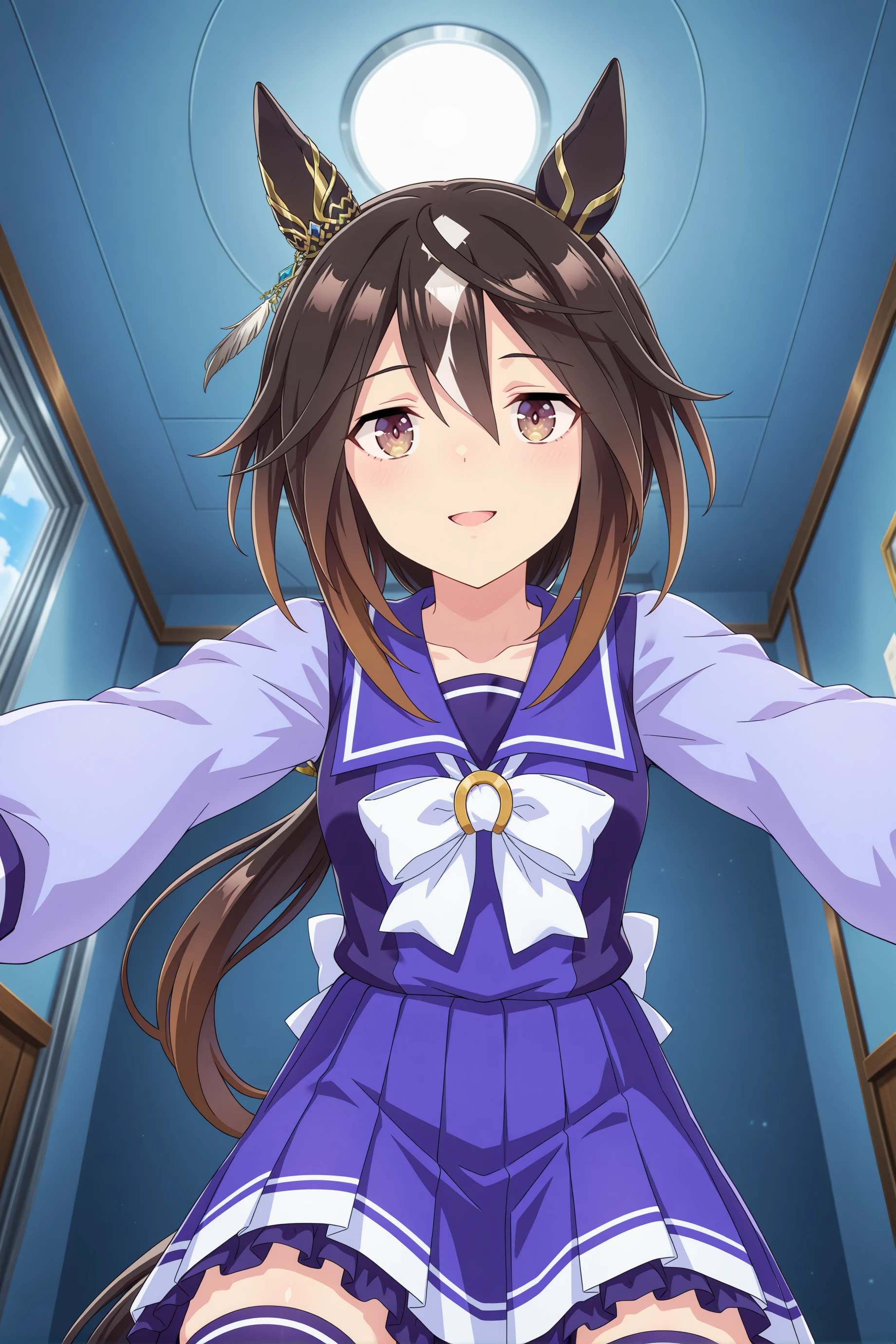 1girl, stay gold \(umamusume\), umamusume,animal ears,horse ears, horse girl,
long hair, black hair, multicolored hair, brown eyes, hair between eyes, white hair, low ponytail, brown hair, single ear cover, two-tone hair, streaked hair, small breasts,  <lora:staygold_Illust_v1:0.6>
tracen school uniform, long sleeves, blue skirt,purple thighhighs,
from below, fisheye lens, looking at viewer, sad smile, open mouth,settlement,
(masterpiece, best quality, newest, highres), (anime coloring:1.5), (anime screenshot:1.5)