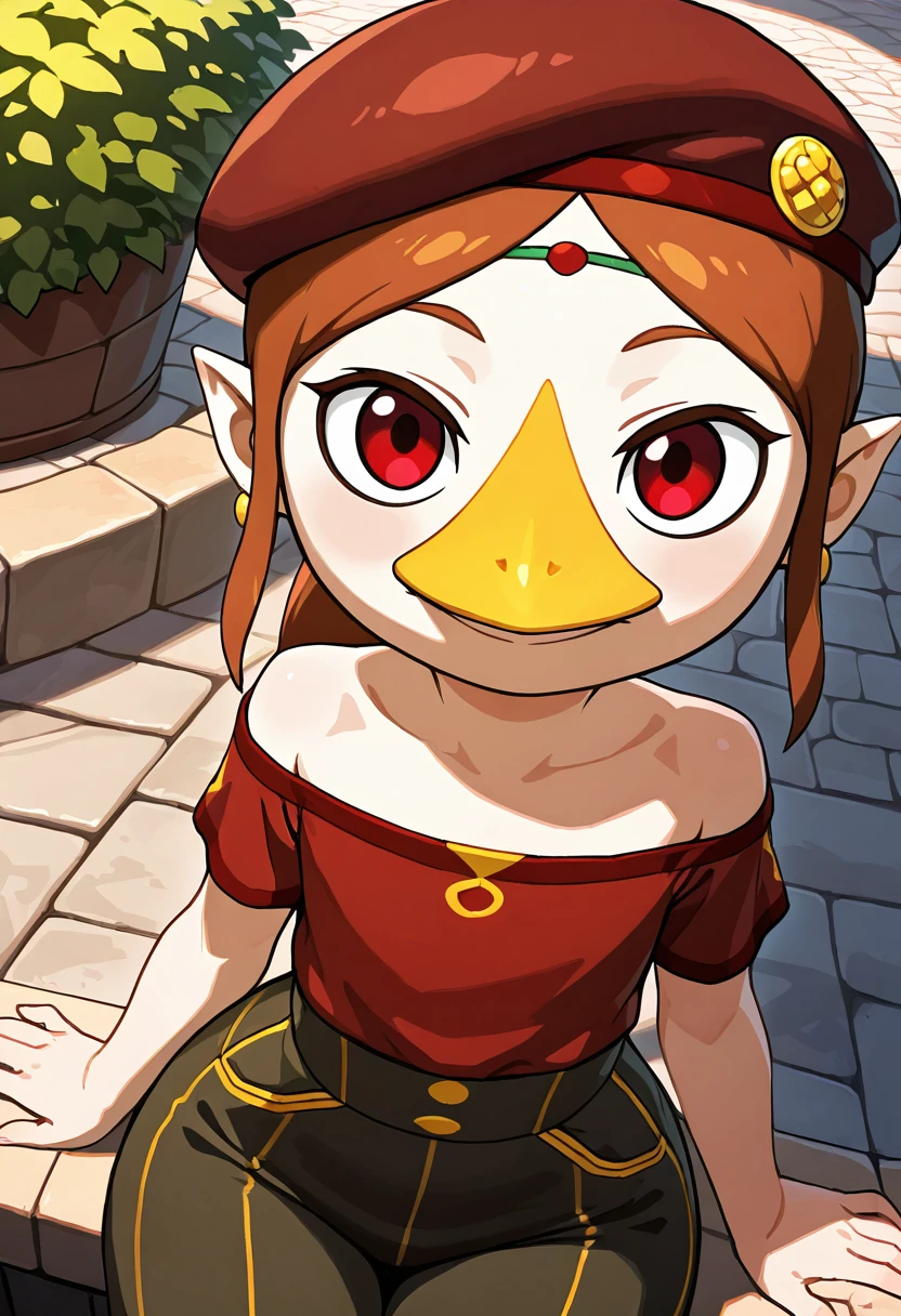 masterpiece, best quality, solo, curvy, beautiful eyes,  smile, looking at viewer, foreshortening, wide hips, narrow waist, upper body, close up, dynamic angle,   zzMedli, solo, 1girl, brown hair, (beak:1.1), pointy ears, bird, long hair, long hair, red eyes, ponytail,  <lora:MedliZelda_IXL_v2:0.7>, [French Chic Café], Beret, off-shoulder blouse, high-waisted trousers, gold earrings, Sitting at an outdoor European café, enjoying espresso beneath striped awnings on a cobblestone street.