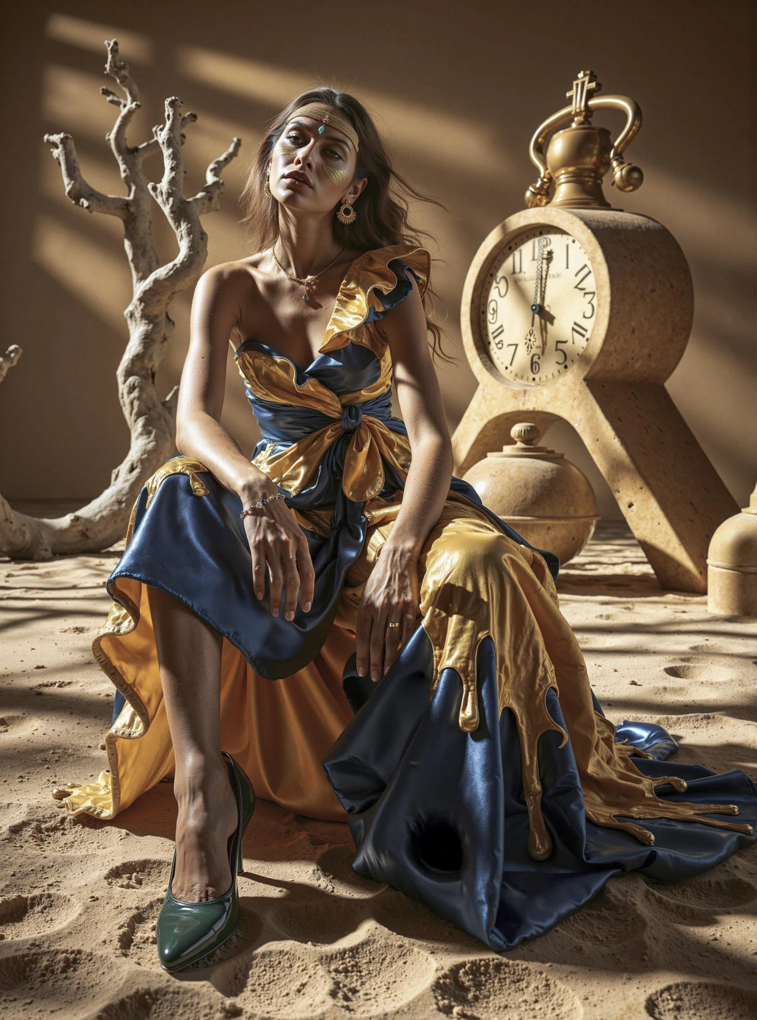 8k, hyper-realistic,photorealistic,hdr,
A hyper-realistic, photorealistic 8K HDR fashion portrait inspired by the surreal and imaginative world of Salvador Dalí. The scene is set in a dreamlike, desert-like landscape with melting clocks draped over twisted, organic trees and floating geometric shapes casting impossible shadows across the sand. The model sits elegantly atop a giant, distorted chess piece, her pose graceful yet mysterious, embodying the enigmatic spirit of Dalí’s art. She wears a flowing, asymmetrical gown in rich sapphire blue and golden yellow, with exaggerated, sculptural ruffles that twist and spiral in gravity-defying shapes. The fabric shimmers with iridescent highlights, and surreal embroidered motifs—tiny eyes, mustaches, and miniature clocks—adorn the dress. Her shoes are striking: elongated, curved high-heeled pumps in glossy deep emerald green, their shape echoing the fluid forms of the background. Behind her, a monumental emerald-green melting clock sculpture rises from the sand, its color and surreal form mirroring her footwear and anchoring the composition. Accessories include a golden, surrealist headpiece resembling melting wax, oversized sapphire earrings shaped like teardrops, and a delicate, gold pocket watch worn as a brooch. Her hair is styled in loose, undulating waves, and her makeup features bold, surrealist touches—one eyebrow painted as a tiny mustache, shimmering gold eyeshadow, and deep red lips. The lighting is warm and dreamlike, with long, distorted shadows and soft golden highlights that enhance the fantastical textures and forms. The color palette is a vibrant interplay of sapphire blue, golden yellow, emerald green, and metallic gold, set against the warm ochre tones of the surreal desert. The mood is whimsical, mysterious, and unmistakably Daliesque, blending high fashion with surrealist fantasy in a visually stunning scene.