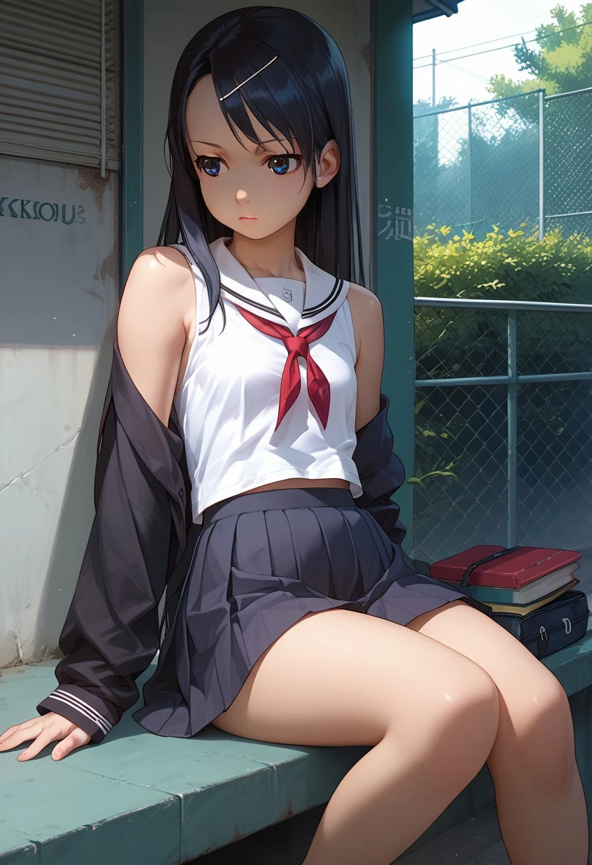 ​masterpiece, 1girl in, 独奏, Yukinoshita Yukino, radiant eyes, White sneakers, Tennis Wear, White mini skirt, white  panties, white knee-socks, ​masterpiece, top-quality, realisitic, ultra-detailliert, blue-sky, Sit on concrete stairs