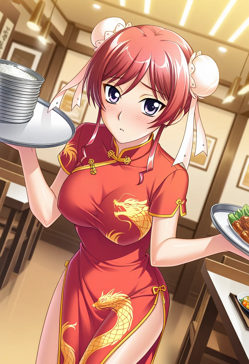 masterpiece, best quality, amazing quality, very aesthetic, absurdres, official art, ultra detailed,
1girl, solo, yan_t0nfa, red hair, purple eyes, bun cover, double bun, hair bun BREAK china dress, BREAK blush, looking at viewer, standing, holding tray, restaurant, sharp focus, depth of field, highly detailed <lora:yan tonfa v1.0-000015:1>