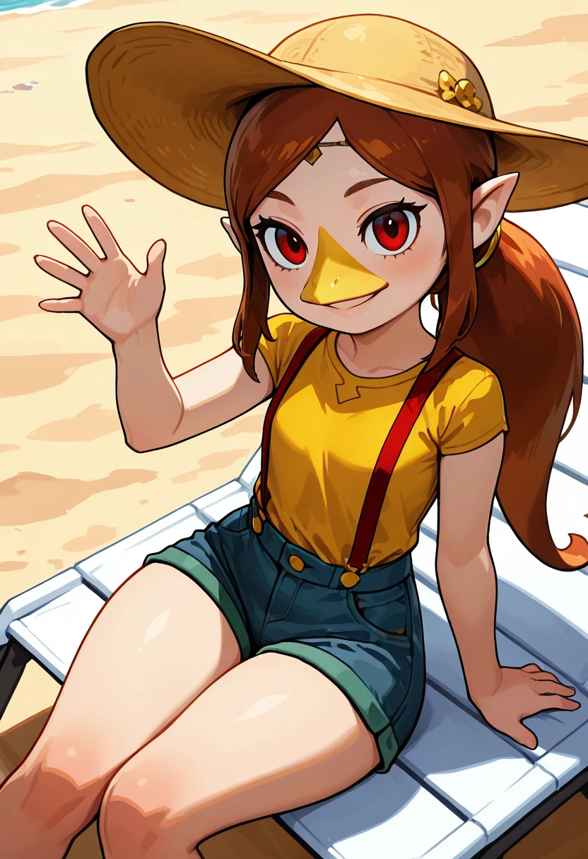 masterpiece, best quality, 1girl, solo, eyelashes, (beautiful eyes), smile, looking at viewer, ,<lora:MedliZelda_IXL_v2:0.8>, zzMedli, brown hair, beak, pointy ears, long hair, red eyes, ponytail, suspenders, yellow shirt, denim, denim shorts, suspender shorts, misty (pokemon) (cosplay) , wide hips, narrow waist, shirt tucked in, at beach, waving, sitting on lounge chair, sunhat,