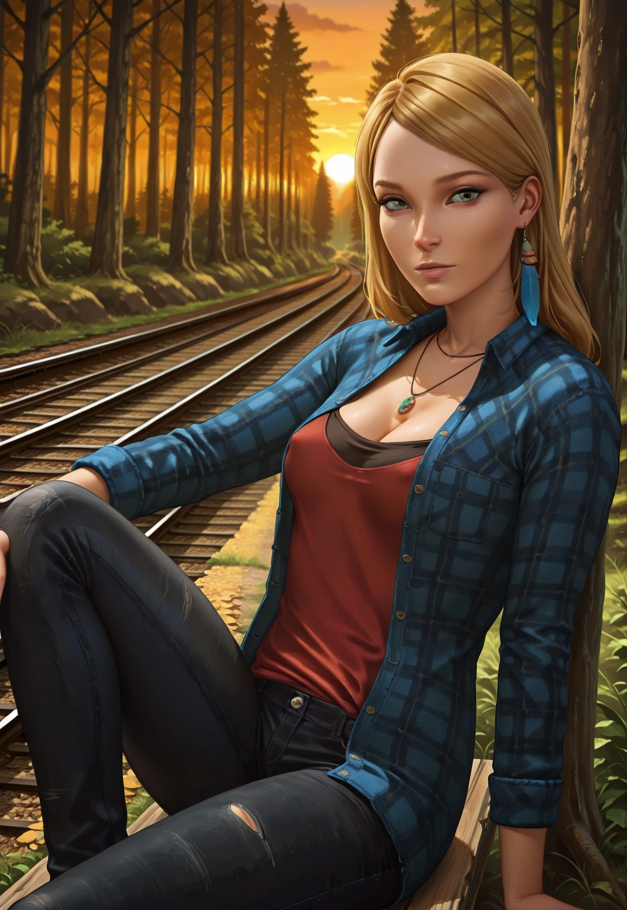 masterpiece, high quality, dynamic angle, 1girl, rachelalis, solo, blonde hair, necklace, feather earring, green eyes, blue flannel shirt, red camisole, jeans, cleavage, perky breasts, train tracks, woods, forest, sunset, orange lighting, sitting, one leg up, relaxing, looking at viewer, detailed scenery