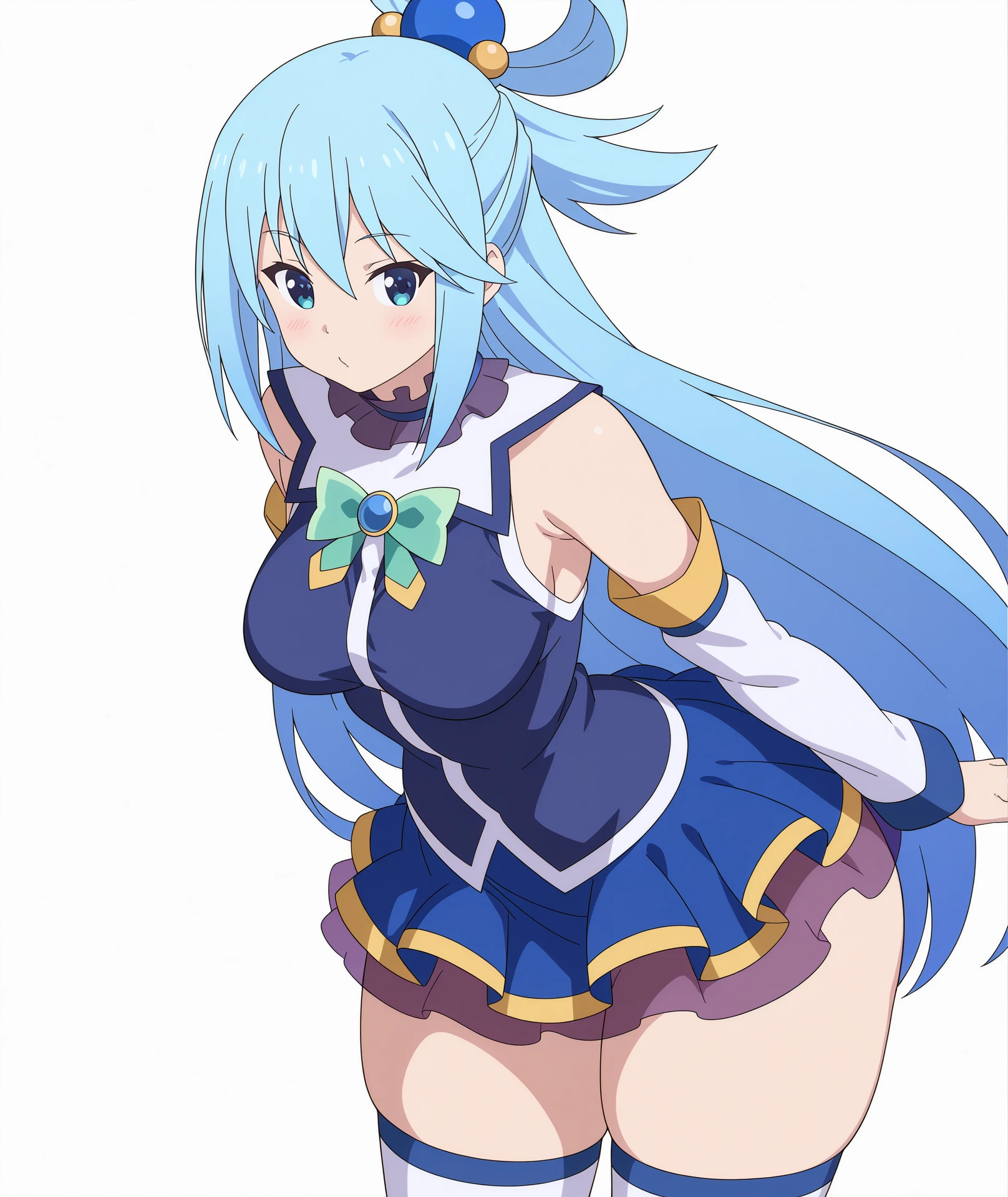 masterpiece, Highest quality, High resolution, Absurd, Super detailed, Cute eyes,
Aqua, Long Hair, Blue Hair, Hair Ring, hair ornaments,choker, Exposing shoulders, Green ribbon, Blue Shirt, Removable sleeves, Blue Skirt, Knee socks, Irritation, Disappointing attitude, Hands on hips, black thong, back shot, (from below: 1.5), Cowboy Shot