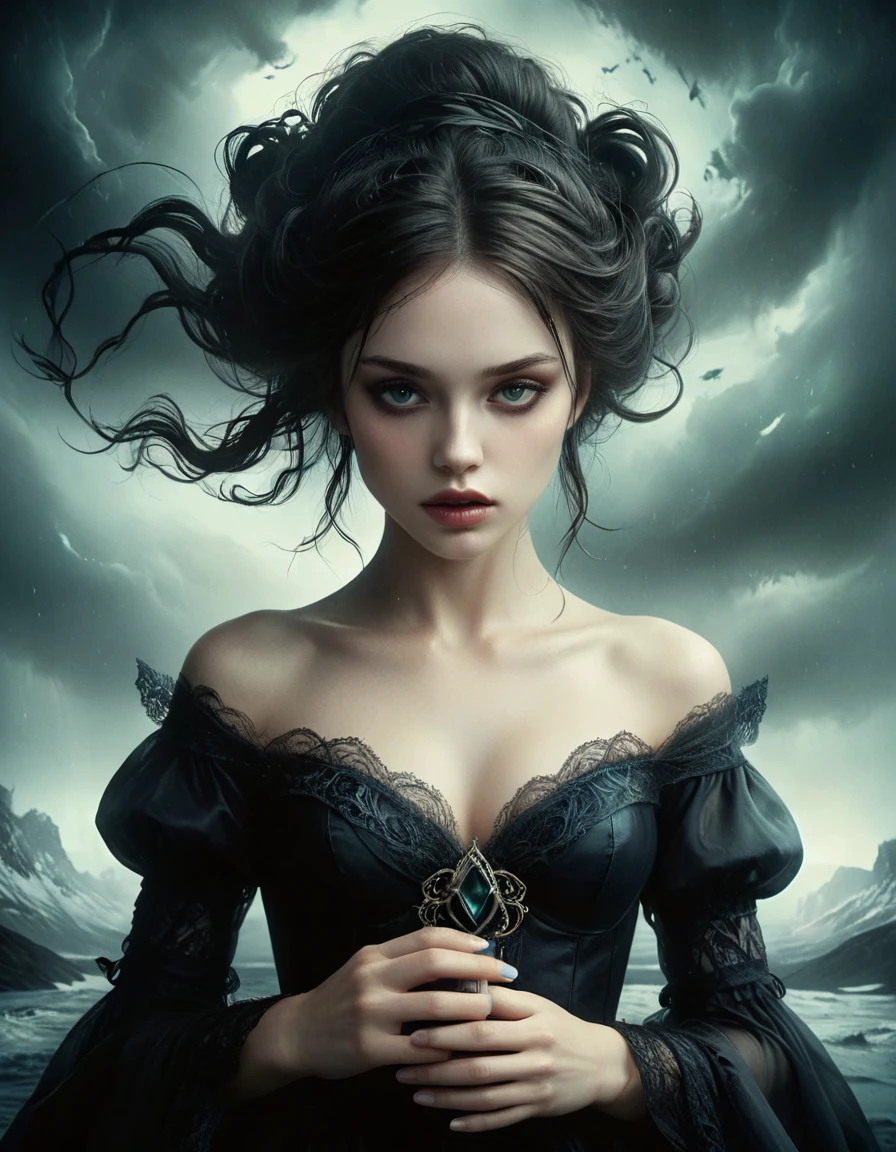 Feralcore, (ral-drkatmsphr:1.1) , Dark, Hurricane, in focus, by Anna Dittmann, fantastical and surreal imagery, folklore themes, Artistic, British pop art, detailed and realistic style, Victorian watercolor, cut-and-paste aesthetic, drawing, <lora:ral-drkatmsphr-sdxl:1.1>, magical composition, ambient atmosphere, beautiful elegant, ambient
