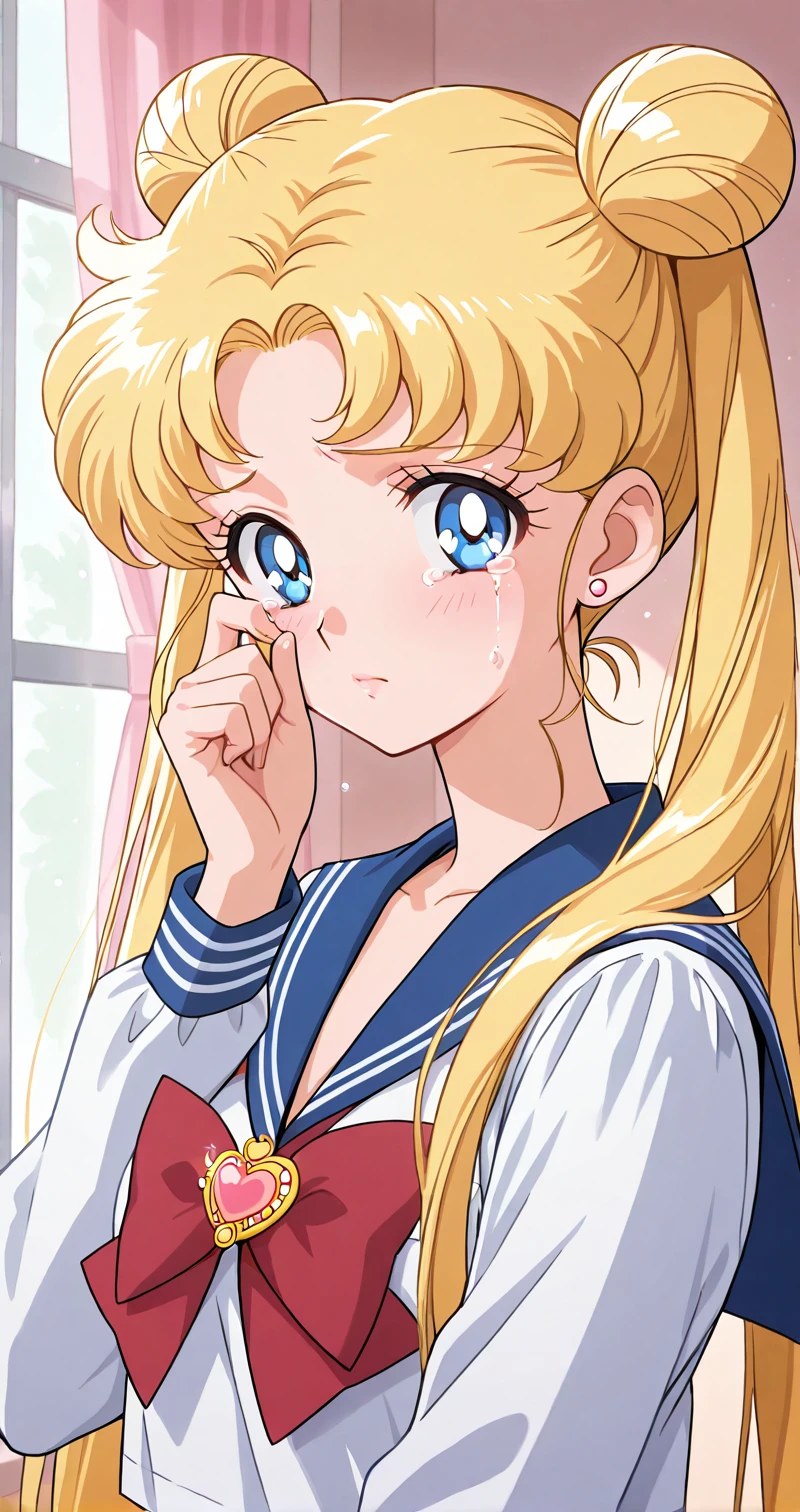 Usagi_XL, 1girl, solo, long hair, looking at viewer, bow, jewelry, twintails, school uniform, upper body, heart, earrings, serafuku, indoors, sailor collar, tears, hair bun, red bow, double bun, curtains, blue sailor collar, brooch, heart brooch, anime coloring, wiping tears, long sleeves, stud earrings, <lora:Usagi_XL-04:0.8>