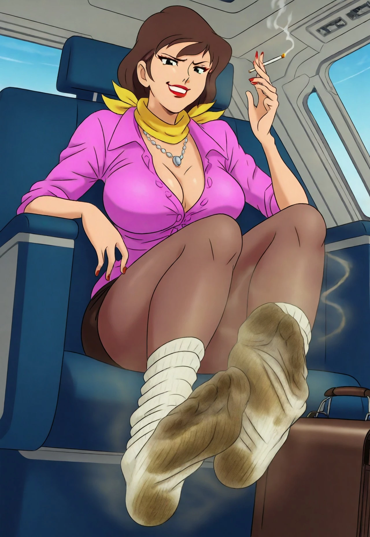 masterpiece, source_anime, big breasts, smug grin, red lipstick, 1girl, solo, fujikom1ne, brown hair, black eyes, ewelry,  necklace,  confident, femdom, breasts, yellow neckscarf, pink buttoned up shirt, on an airplane, airplane seat, sitting, briefcase, smoking a cigarette,  airplane interior, passenger seat,hmph expression, feet focus, dsocks
dirty socks, wearing dirty socks, pantyhose, short black microskirt, whiteclothstyle12, line art, wh1tecloth