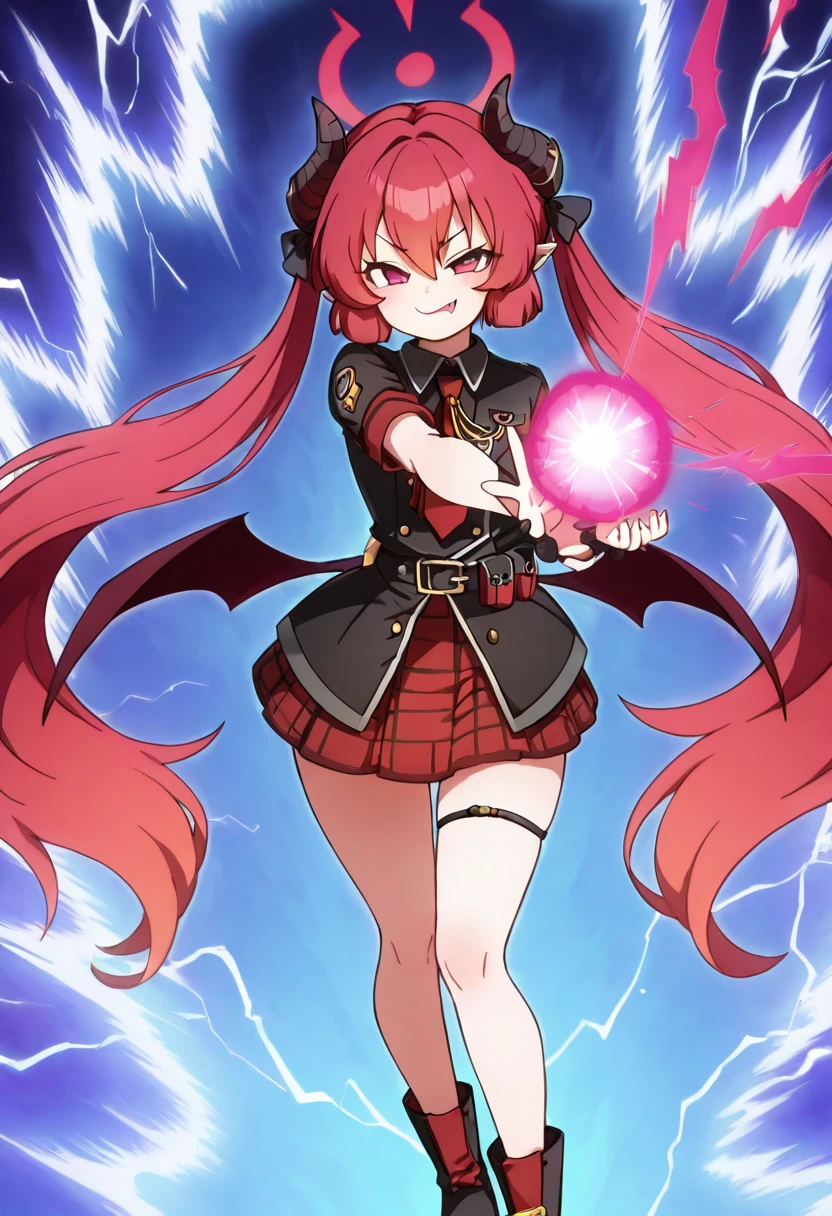 masterpiece, best quality, solo, curvy, beautiful eyes, narrow waist, wide hips, zzJunko, red eyes, red halo, red hair, horns, long hair, twintails, halo, demon horns, pointy ears, wings, hair between eyes, demon wings, very long hair, black horns, low wings, ribbon black shirt, pleated skirt, red skirt, short sleeves, plaid skirt, red necktie, thigh strap, belt, fang, black footwear, boots, , <lora:JunkoBlueArchiveIXL:1.0>, ,vivid aura, looking at viewer, blue background, smug, aura, super saiyan, charging energy, energy ball, energy, lightning, <lora:DBSBroly_Style_IXL_v2:0.6>,