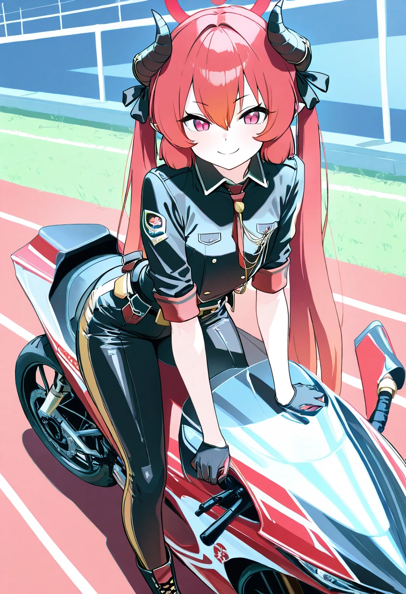masterpiece, best quality, solo, curvy, beautiful eyes, narrow waist, wide hips, 1girl, solo, smile, looking at viewer, dynamic angle, foreshortening, close up,    zzJunko, red eyes, red halo, red hair, horns, long hair, twintails, halo, demon horns, pointy ears, hair between eyes, black horns,   ,       <lora:JunkoBlueArchiveIXL:1.0>, [Speed Racer], bright red leather racing jacket with sponsor logos, tight black leather pants, high-top racing boots, racing gloves, black helmet with a red stripe, leaning against a high-performance motorcycle, arms crossed and exuding confidence, on an empty racing track with a starting line in the background,