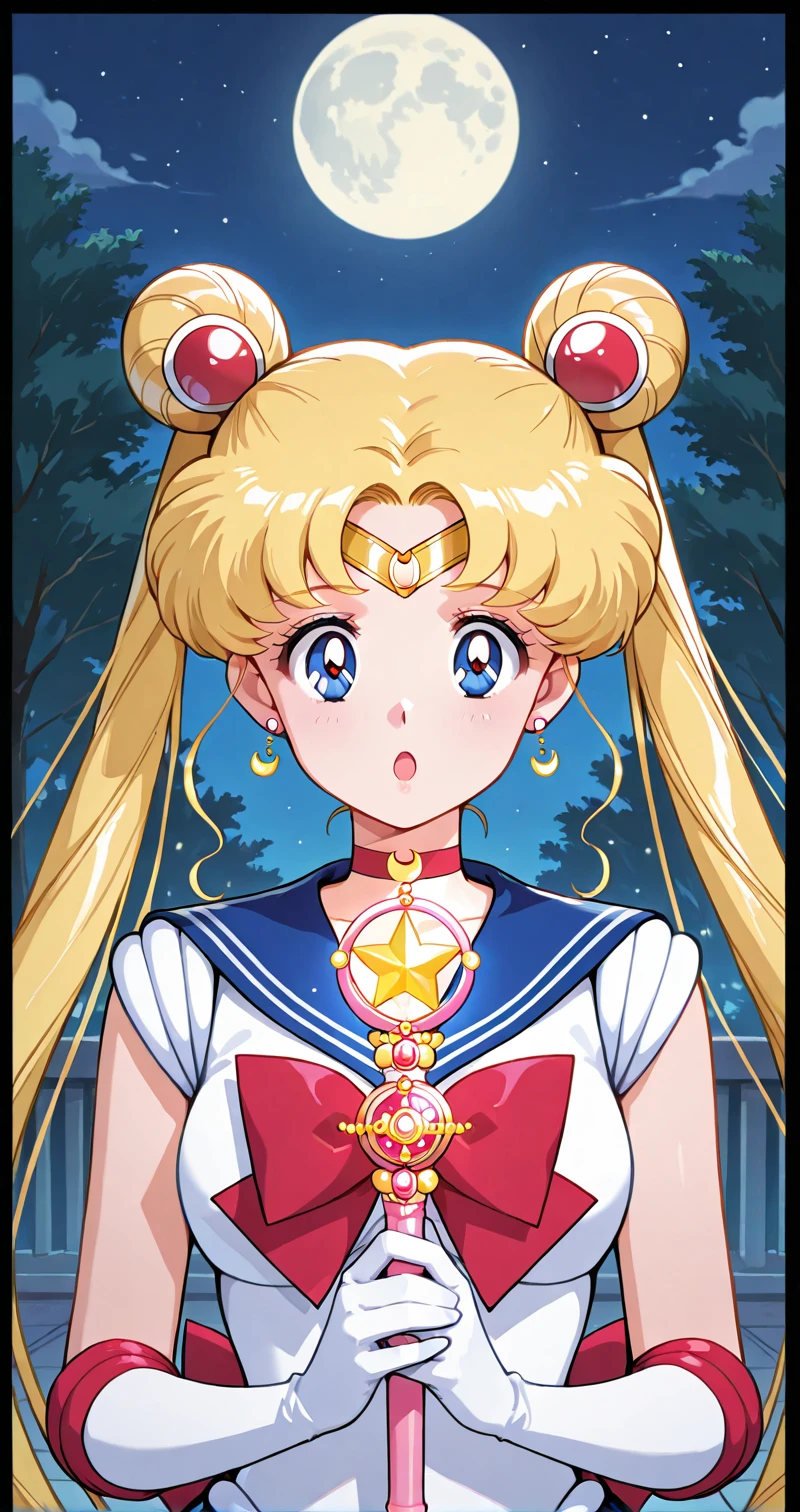 Usagi_XL, 1girl, solo, long hair, open mouth, gloves, holding, bow, jewelry, twintails, upper body, outdoors, earrings, choker, elbow gloves, white gloves, sailor collar, hair bun, red bow, :o, tree, double bun, night, moon, magical girl, tiara, blue sailor collar, crescent, wand, red choker, black border, sailor senshi uniform, holding wand, crescent earrings, <lora:Usagi_XL-04:1>