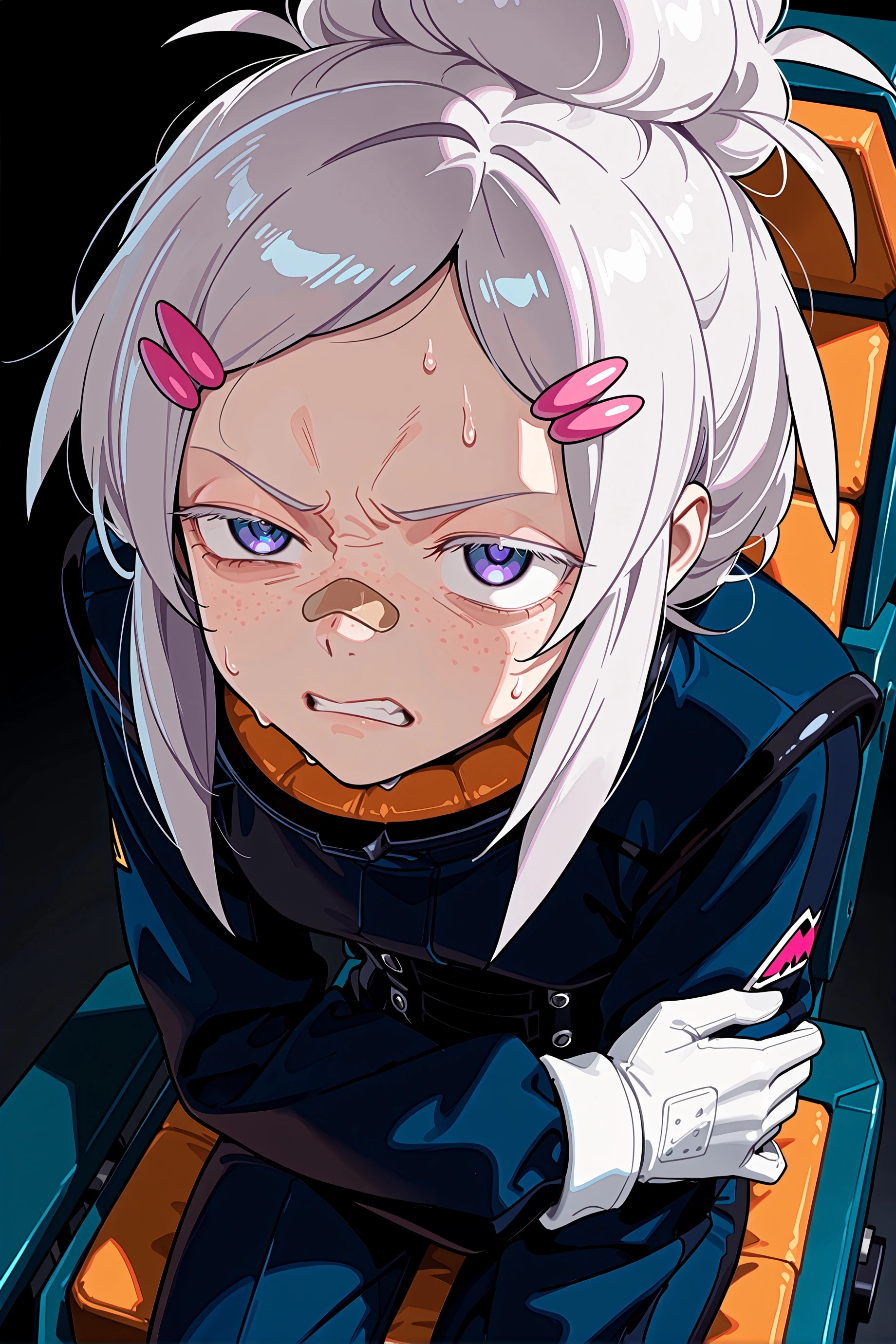 1girl, deux murasame, hairclip, purple eyes, white hair, bandaid on nose, 
white gloves, sweat, dark blue clothes, 
jitome, closed mouth, flustered, exhausted, 
sitting, frown, angry, uneven eyes, clenched teeth, leaning forward, head up, hand on own arm, 
black background, cockpit, 
cowboy shot, looking up, dutch angle, face focus, <lora:deuxmurasameillv3.1:0.9>,, masterpiece, best quality, amazing quality, very aesthetic, absurdres, highres, newest,<lora:xl_saturation_slider:0.1> <lora:add-detail-xl:1> <lora:illustriousXLv01_stabilizer_v1.121:0.4> <lora:reduce_wrinkles_illstriouosv0.1_ADDifT_2_in_1_v1.2:0.9>
