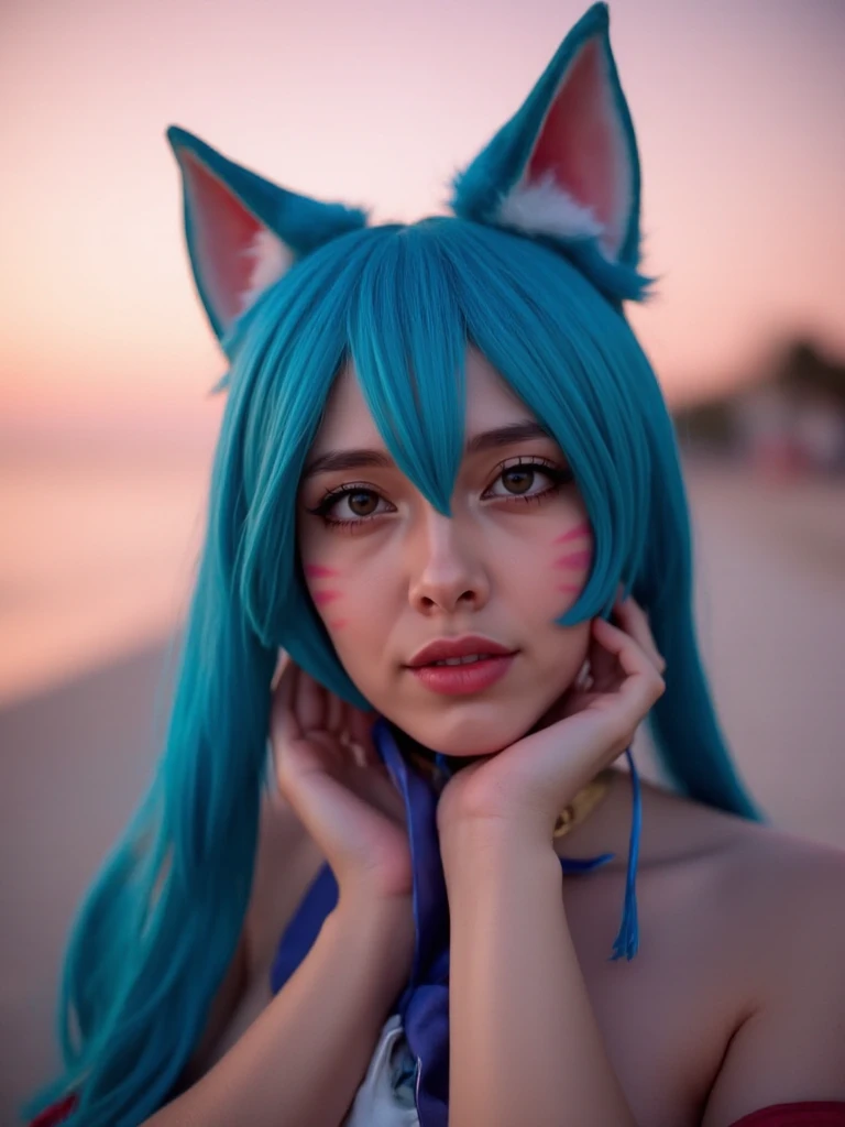 masterpiece, best quality, highres, ahri1, 1girl, solo, blonde hair, k/da (league of legends), long hair, multicolored hair, open hair, blue eyes, two-tone hair, beach day, smile, 2 young boys on her both sides, red hair boy on the left and blue hair boy on the right