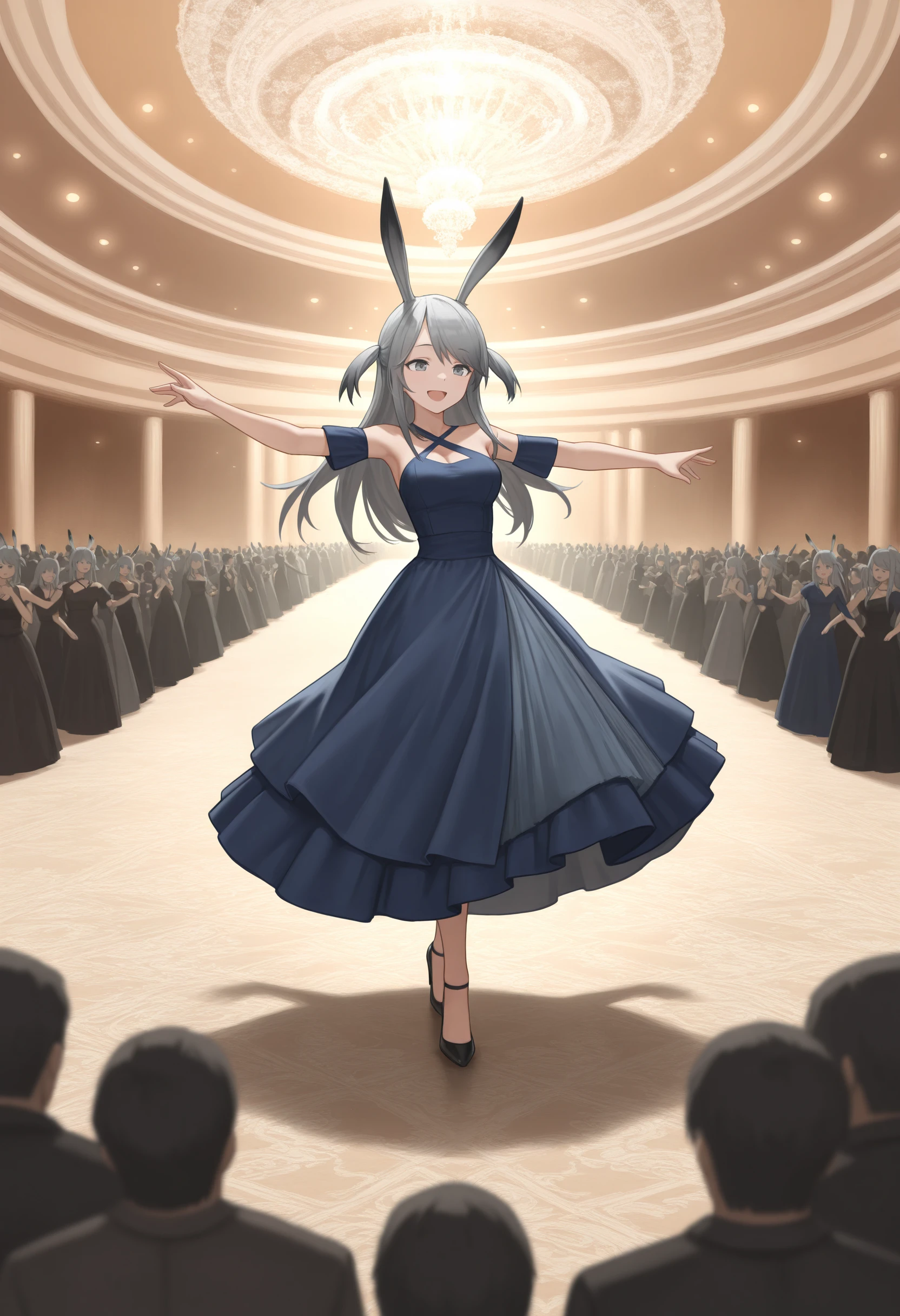masterpiece,best quality,amazing quality, savage, gray hair, side locks, rabbit girl, grey eyes, two side up, long hair, alternate costume, dress, blue dress, ballroom, wide shot, glistering dress, criss-cross halter dress, dancing, outstretched arms, happy, crowd
<lora:Savage (Illustrious) v1:1>