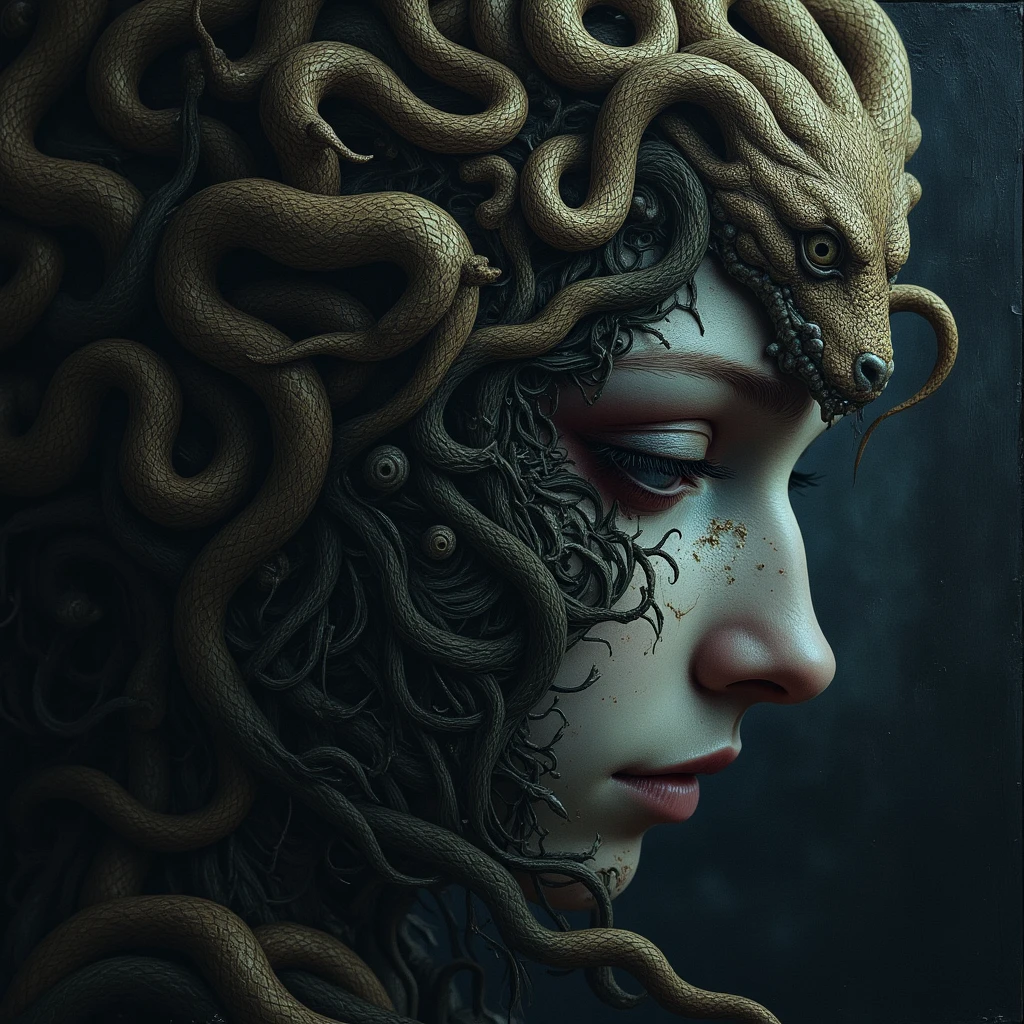 Atmospheric, moody. A painting of a mysterious figure, skulking in the shadows. Her head is made of snakes. She moves amongst the trees, unseen in the night.
mdsaCE_style