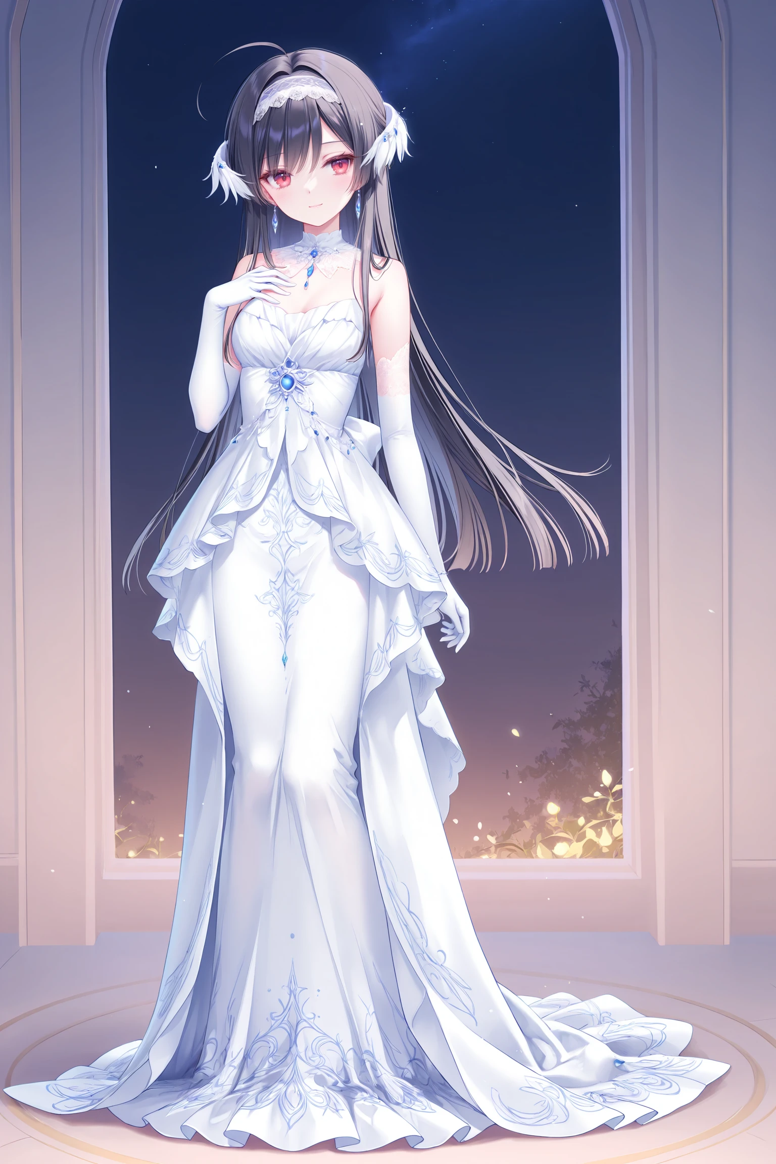 masterpiece,best quality,newest,absurdres,highres,soft shadows,year2024,(chen bin:0.7),(hiten \(hitenkei\):0.4),(rimuu:0.5),(mignon:0.5),(sheya:0.6),
<lora:miaXLNAI-000010:1>,mianonomiya,1girl,ahoge,frilled hairband,black hair,long hair,red eyes,light smile,
<lora:nightowlXLNAI:1>,nightowl,white dress,long dress,jewelry,hair ornament,elbow gloves,
full body,standing,hand on own chest,arm at side,