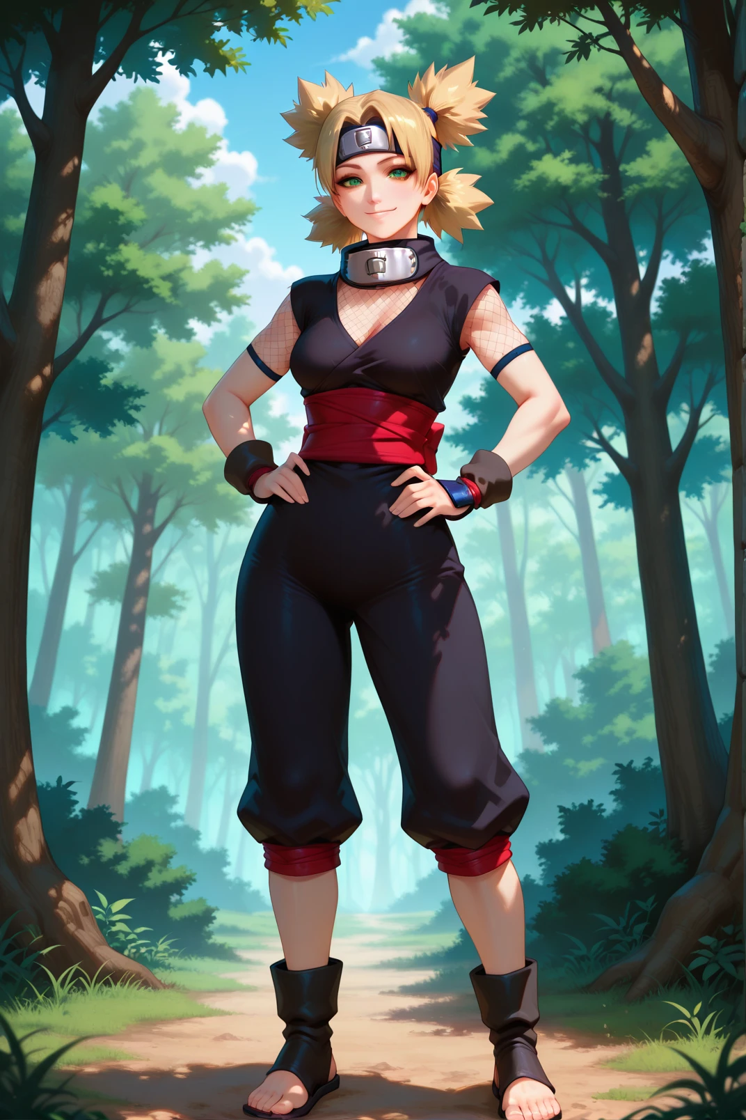 1 girl, alone , 19 years ,short blonde hair , on forehead ,green eyes , beautiful, light skin color , wide shoulders, thin waist, medium breasts, defined thighs, thin, defined lean ,wide hips, medium ass, uzumaki clan, naruto shippuden style, Leaf village, black shirt ,black skirt, tribe uzumaki