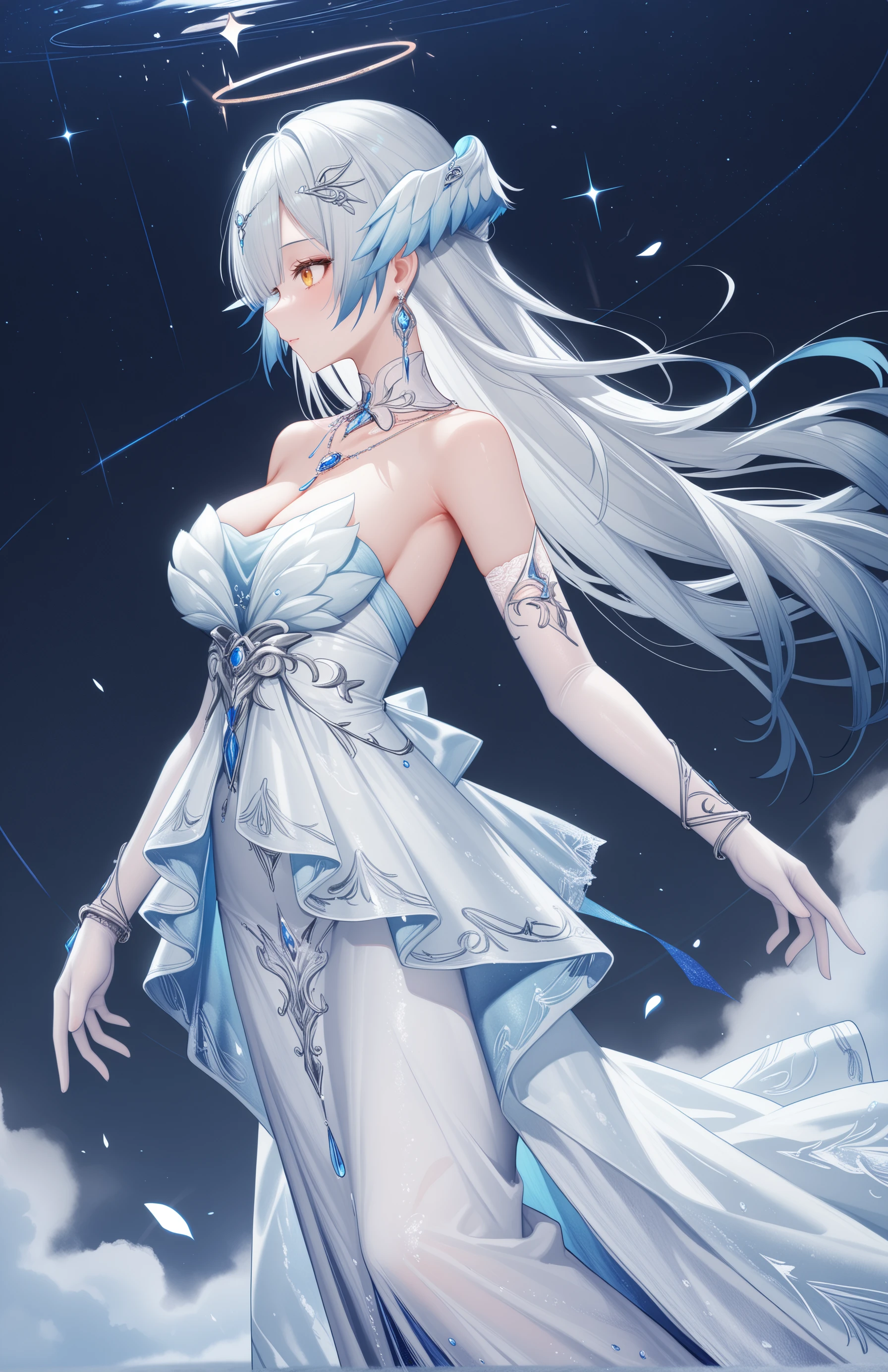 "exusiai(arknights)
1girl, solo, nightowl,white dress,long dress,jewelry,hair ornament,elbow gloves,head wings,necklace,earrings, detached collar, dynamic pose, side profile, dynamic angle,
<lora:爱花nightowlXLNAI:1>