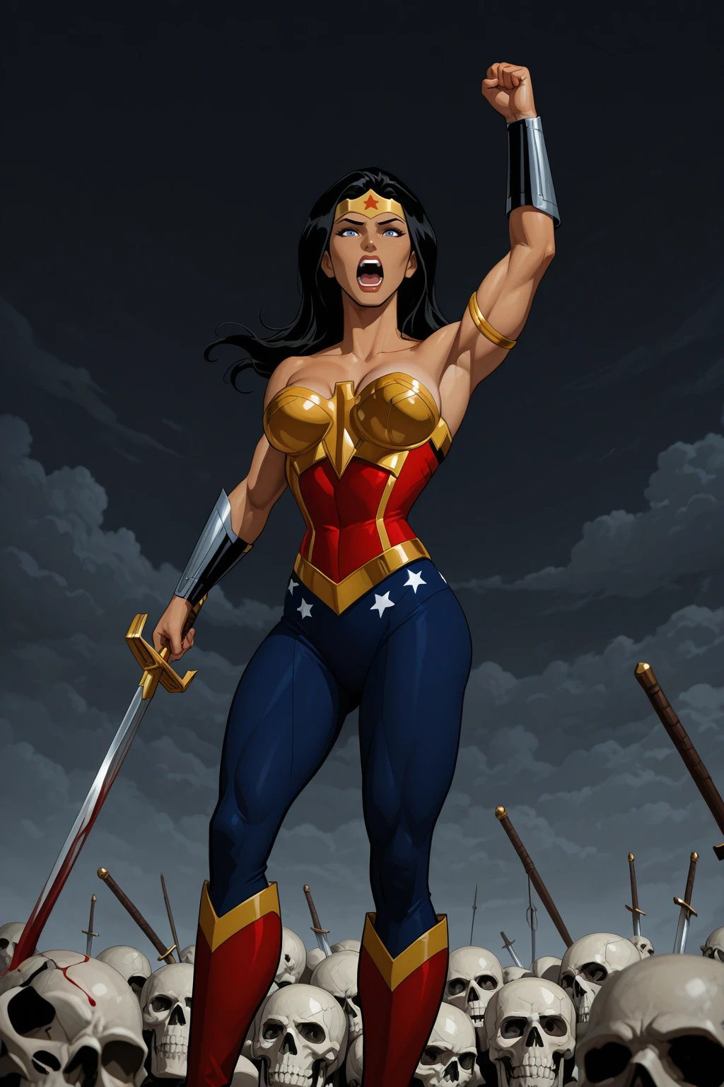 masterpiece, good quality, best quality, very awa, very as2, absurdres, highres, depth of field, photorealism, dynamic lighting, high contrast, looking at viewer, sexy, huge breasts, dark eyeshadow, thick eyeliner, thick eyebrows, full lips, BREAK
<lora:Wonder Woman InjusticeilluLora:1>WonWomInjust, tanned, muscular female, long hair, black hair, golden Tiara, star (Symbol), blue eyes, bare shoulders, golden Breastplate, red corset, silver vambraces, pants, boots, skulls, blood, holding sword, screaming, dark sky, clouds
<lora:80FantasyStyleilluLYCO:1> fantastyle, arm up, clenched hand, open mouth