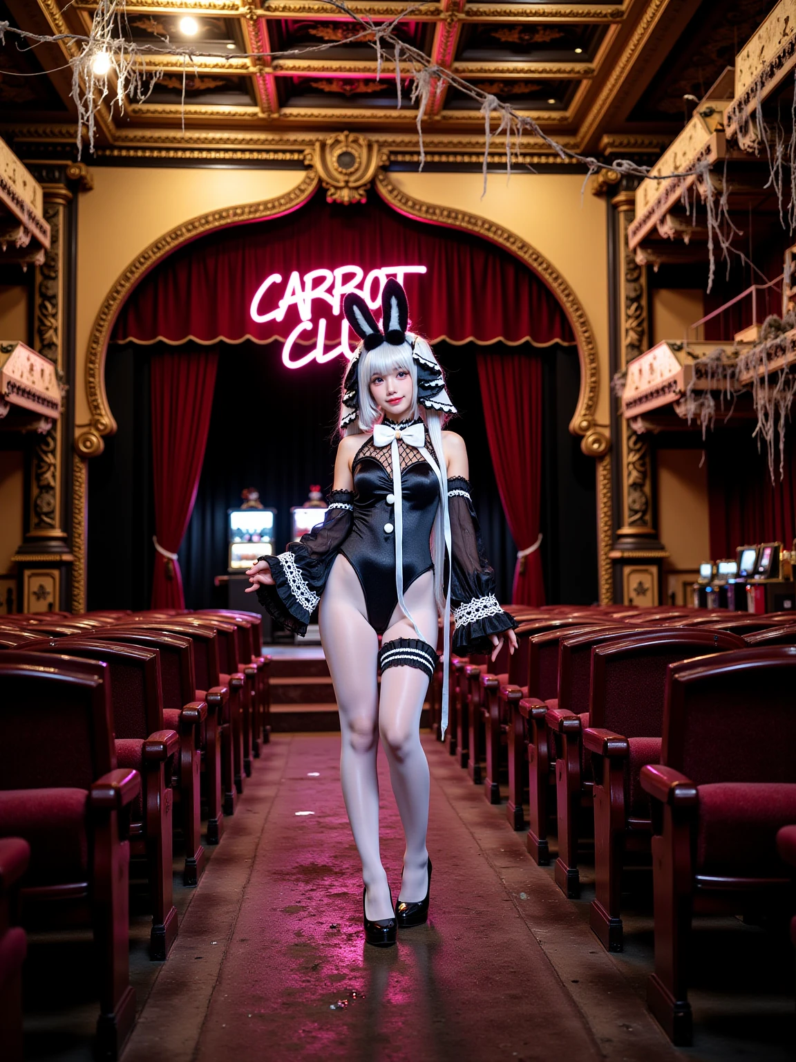 The building collapses、Urban hustle and bustle、Traffic jam、City of Rubble、street tree、((((Azur Lane Cheshire Cosplay))))、Maid clothes、Super huge breasts、Plump thighs、Ground View，City of Giants,500 foot tall giant girl，skyscraper,Has super long legs,Step into the crowd，There are many people on the street,Knee-high socks，She has waist-length black hair，Wear Mary Jane heels，A happy look，Standing on the ruins，Beautiful appearance，Exquisite makeup，quality，8K，高quality，Perfect Proportions, Cinema Lighting，Film Grain，The Colors of Fuji，8K，Textured skin，Super Detail，High detail，high quality，High resolution，explode，False Smile,Show your pants