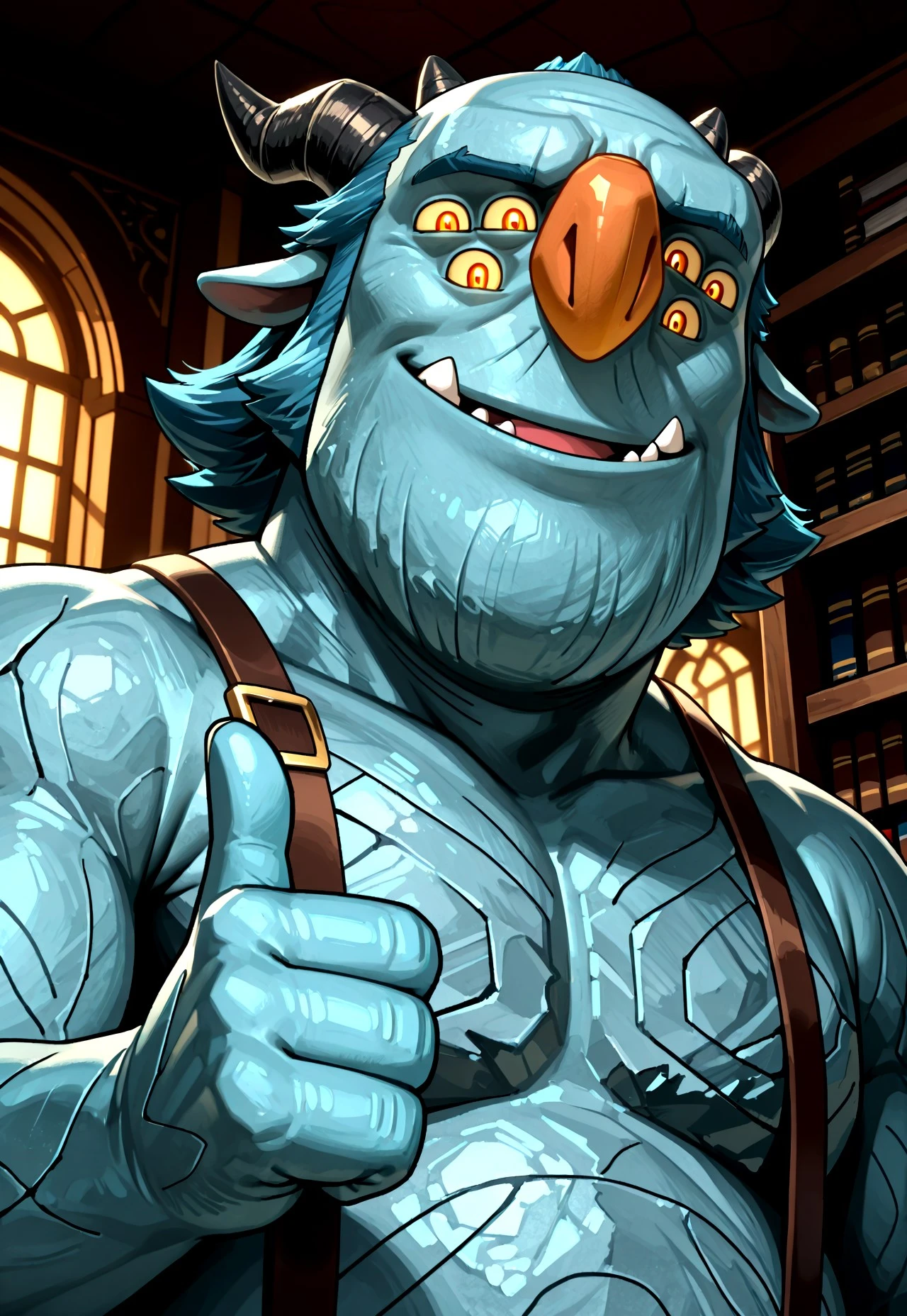 score_9, score_8, score_7_up, (1.0:Blinky, 1boy, mature male, solo, monster, horns, orange nose, blue skin, balding, blue hair, 1.0:6eyes, 4arms, multiple arms, 1.0:4_arms, multiple eyes, yellow eyes, orange pupils, fangs, 1.0:4fingers, stone skin, broad shoulders,) detailed, high quality, thick outlines, black outlines, smiling, thumbs up, close-up, suspenders, library, indoors, dark room, thick outlines, black outlines, flat shading, face focus, extreme close-up, medium shot, no legs, close-up, low angle view, looking at viewer, portrait, cartoon, stone skin, easynegative, friendly, smile, easynegative, no legs,
