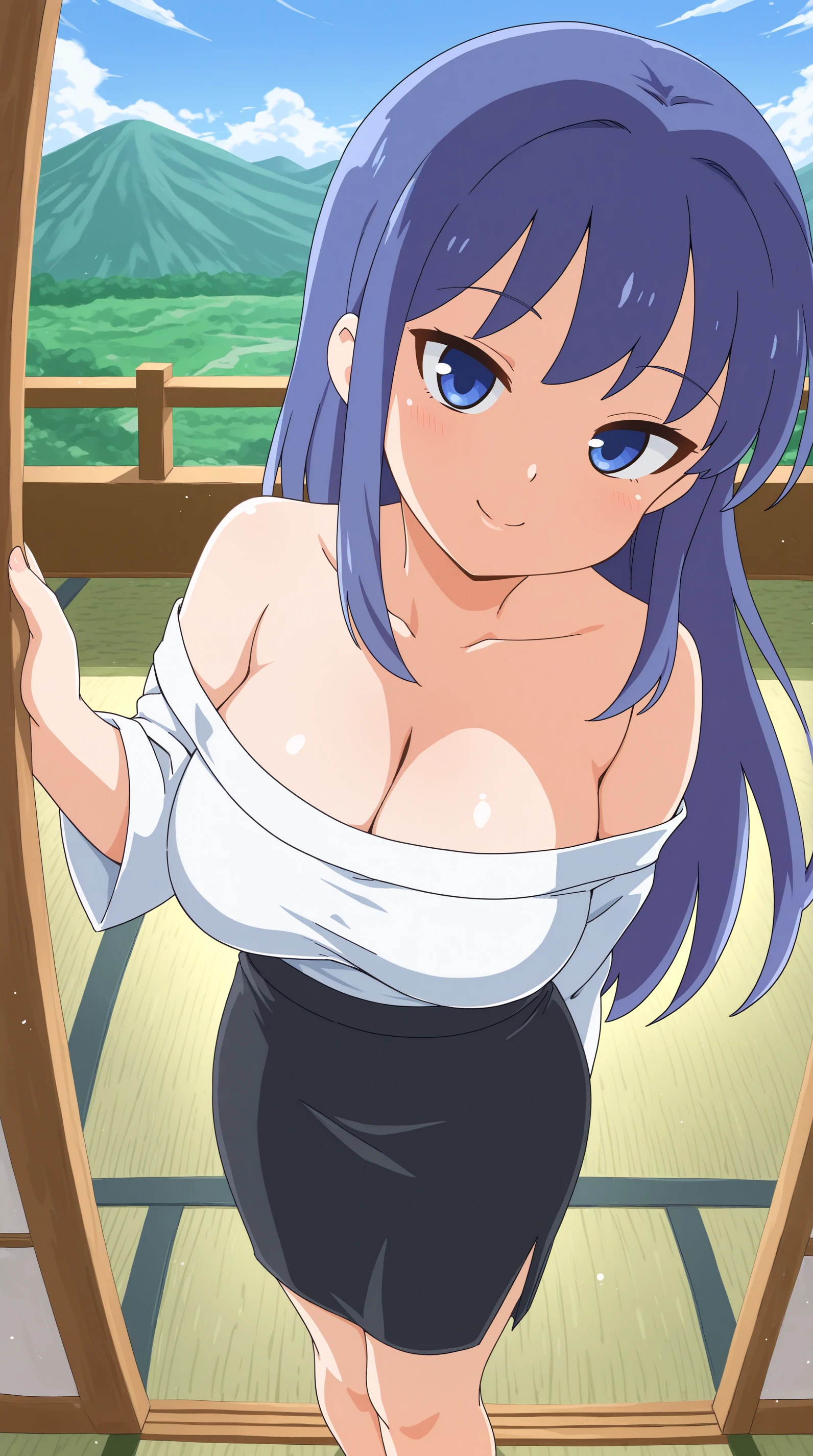 day, daytime, sunny, bright, outside, outdoors, mountains, grass, trees, [rocks], cobblestone path, countryside, nature, waterfall,
(masterpiece), high quality, highly detailed background, natural lighting, ((vibrant, vibrant colours, colourful, bright)),
, 1girl, alone, ((long hair)), blue hair, ponytail, ((vermillion eyes)),
looking at viewer,
nude, naked, nsfw, pussy, nipples, [[small nipples, small areola, small areolae]],
standing, standing up, standing straight, (hands on hips), ((cowboy shot)),
view from the front, from front, front body view, view from front,
(((large breasts, ))),
terrace style, happy, big smile,