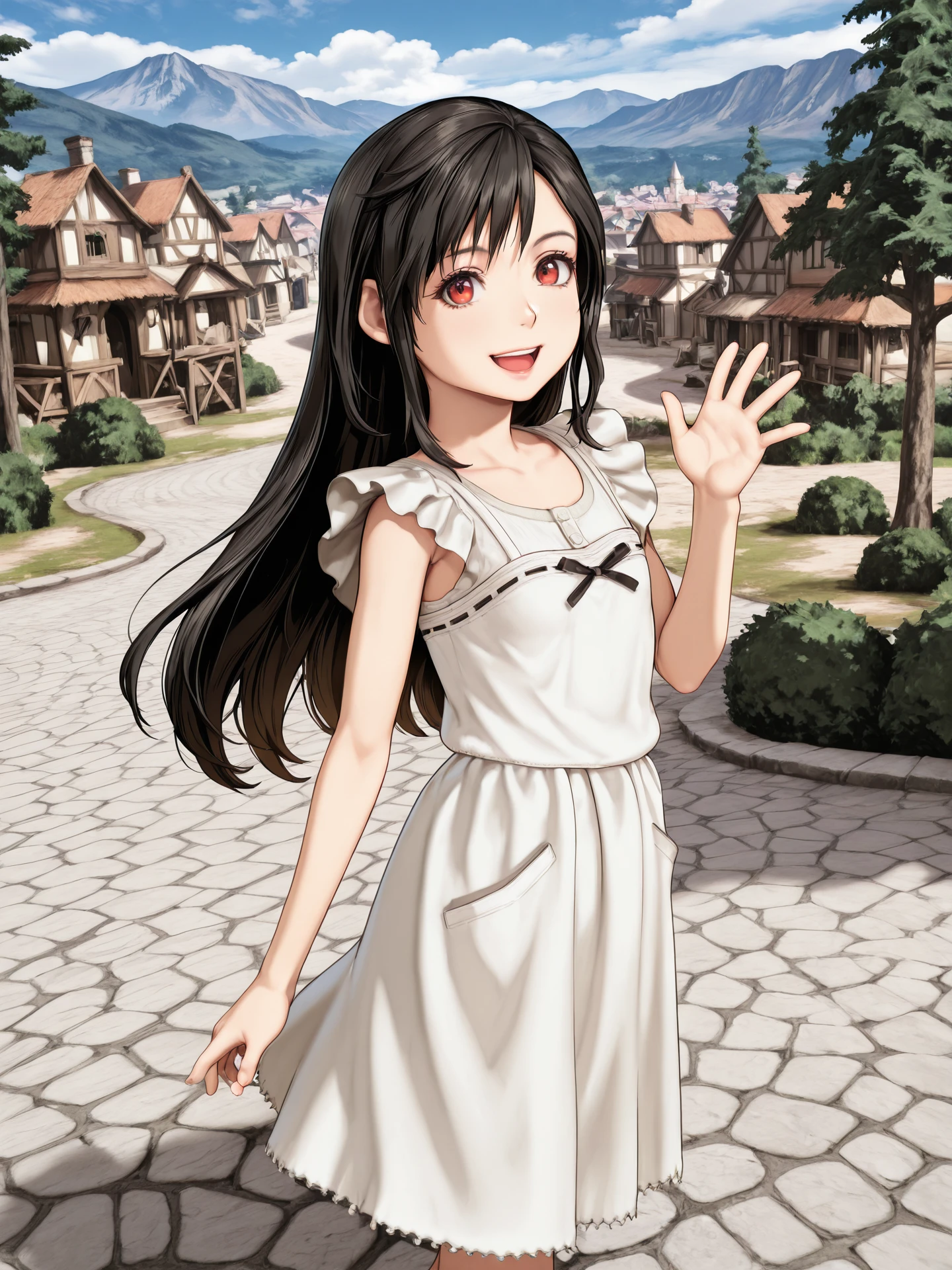 <lora:ST_Asahina_Makoto_0R:0.9>, asahinamakoto
<lora:Tifa_Lockhart_L_0R:0.9>, tifa-l
red eyes, black hair, long hair
white dress, ribbon, white skirt
<lora:CC_Aesthetic_Masterpiece_1:1>, masterpiece, best quality, amazing quality, very aesthetic, absurdres, detailed background, volumetric lighting, ray-tracing
1girl, solo, looking at viewer, dynamic pose, smile, (open mouth:0.6), waving
(outdoors, fantasy, town, mountain, wild west, tree, bush, stone floor, nibelheim, final fantasy vii background)