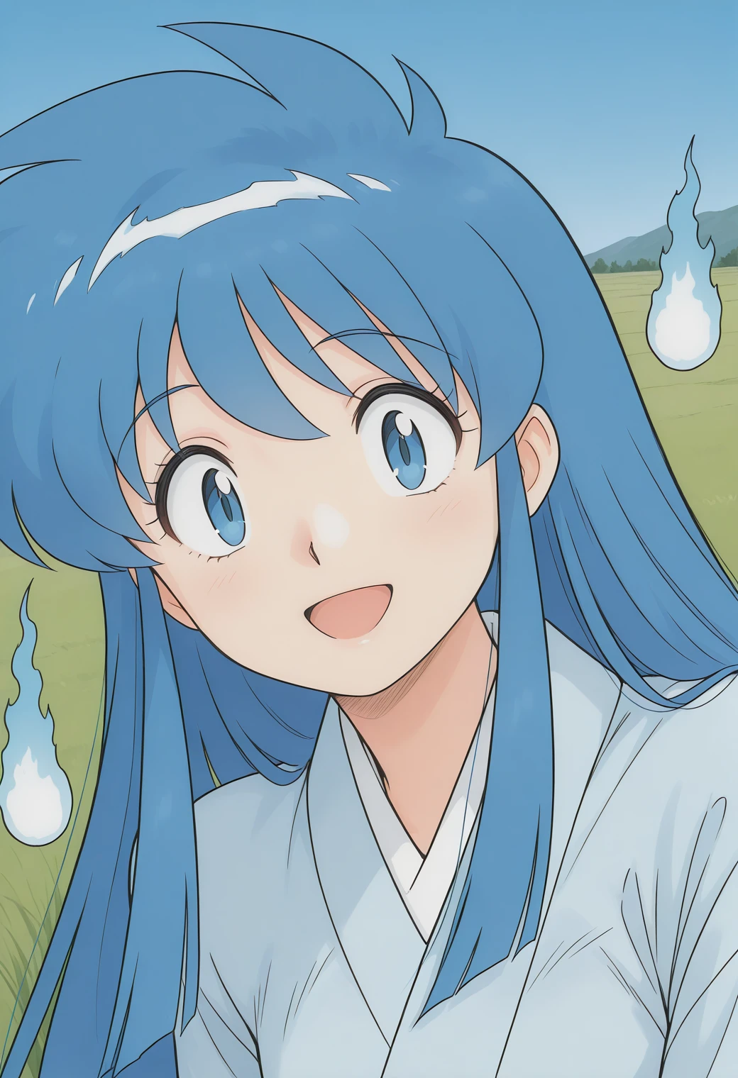 okinu-chan, hitodama, blue eyes, blue hair, sidelocks, long hair, japanese clothes, long sleeves, <lora:gs_okinu-chan_illustrious_ver2:0.8>
smile,, masterpiece, best quality, sensitive,, 1girl, solo, blue sky, (grasslands:1.2), looking at viewer,, (upper body:1.2), (close-up:1.2), (facing viewer:1.2), (open eyes:1.4), (portrait:1.2)