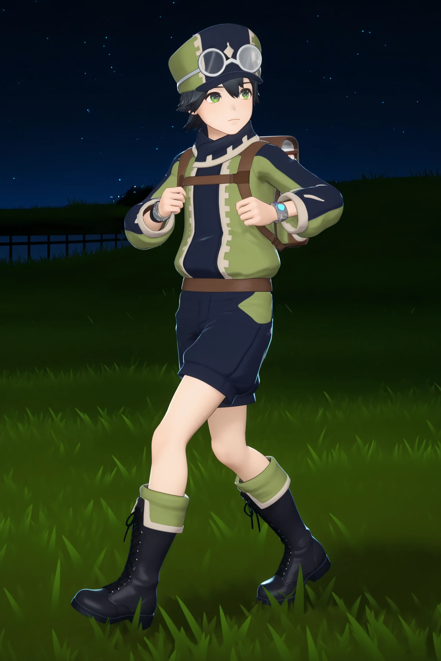outside, grass, at night, night
 <lora:Jean_Fire_Emblem_Engage:.8>
3d, 3d character model,
1boy, solo, male focus, bag, shorts, night, cross-laced footwear, hat, boots, goggles, standing, backpack, black hair, lace-up boots, full body,
running, motion lines, motion blur