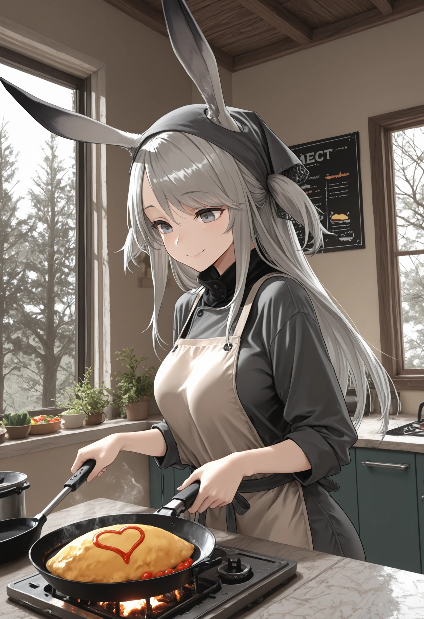 masterpiece,best quality,amazing quality, savage, gray hair, side locks, rabbit girl, grey eyes, two side up, long hair, alternate costume, apron, cooking, hair net, headscarf, omelet, frying pan, smile, solo, tree outside window, indoors
<lora:Savage (Illustrious) v1:1>