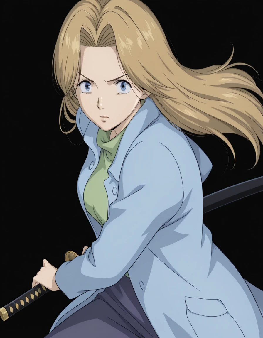 masterpiece, best quality, amazing quality,, <lora:anna-liebert-anime-illustriousxl-lora-nochekaiser:1>, anna liebert, long hair, blue eyes, blonde hair, parted bangs, hair intakes, forehead, mature female, medium breasts, anime screencap, <lora:battoujutsu-stance-illustriousxl-lora-nochekaiser:1>, battoujutsu stance, looking at viewer, holding, weapon, sword, holding weapon, holding sword, standing, katana, sheath, sheathed, fighting stance, ready to draw, ,