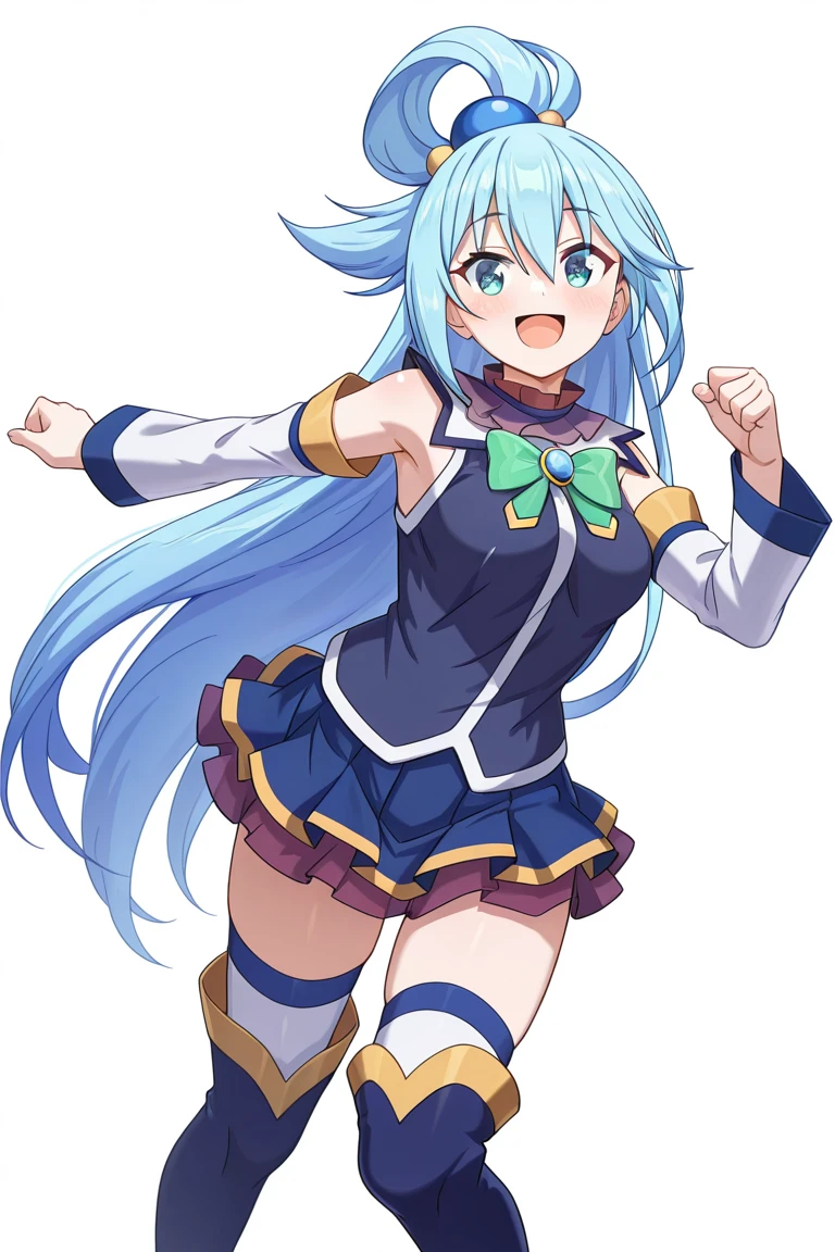 masterpiece, best quality, amazing quality, best quality, amazing quality, white background, simple background, BREAK Aqua-Liver020, 1girl, solo, medium breasts, long hair, blue eyes, hair between eyes, single hair ring, very long hair, blue hair, hair ornament, bangs, blue shirt, purple collar, bare shoulders, sleeveless shirt, separated sleeves, white sleeves, long sleeves, ornaments, blue shirt, blue small gem, green bowtie, blue boots, tall boots, long boots, white long socks, pleated skirt, white thighhighs, zettai ryouiki, blue thigh boots, thighhighs, thigh highs under boots, thighhighs under boots, smile, open mouth, KonosubaFantasticDays-Liver020