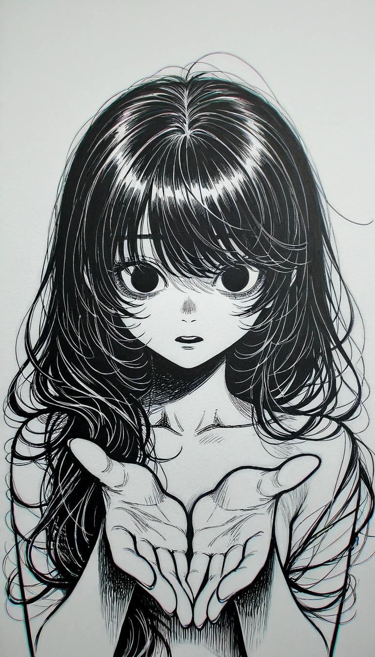 1girl, traditional media, graphite \(medium\), wide-eyed, no pupils, monochrome, greyscale, high contrast, long hair, black hair, flowing hair, voluminous hair, hair over one shoulder, pixelated, shadow face, horror \(theme\), dark art, stylized, crosshatching, simple background, white background, sketch,