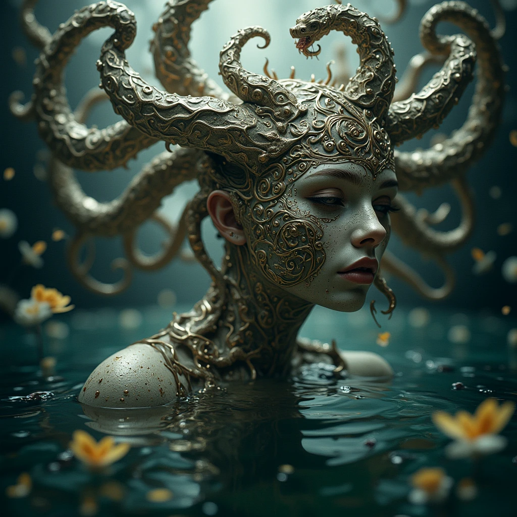 Photorealistic. Emerging from a mystical lake. Atmospheric, moody. A painting of a mysterious figure. Beautiful. Nude. Medusa.

mdsaCE_style